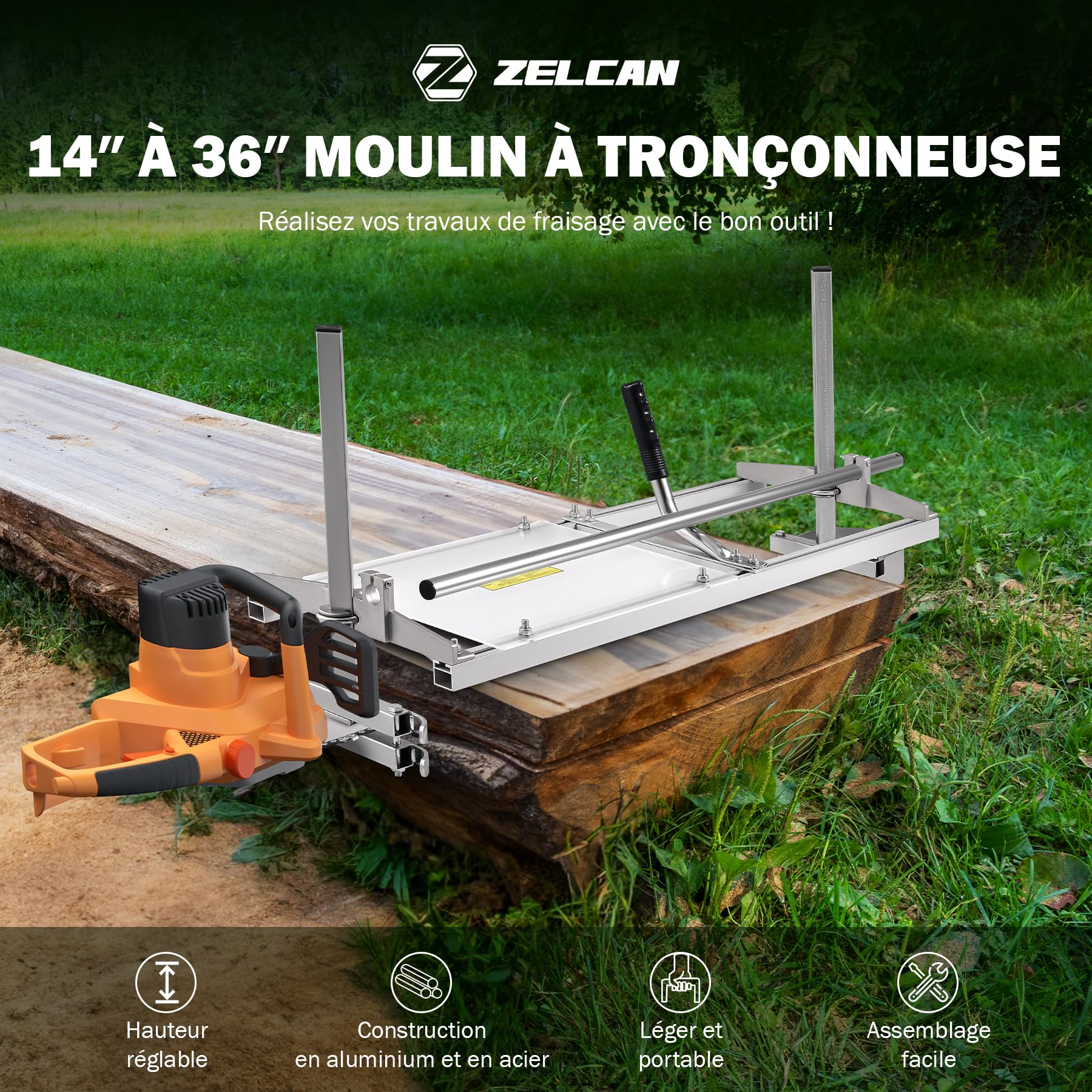 ZELCAN Chainsaw Mount gruminette pour tronçonneuse réglable 14–36 pouces