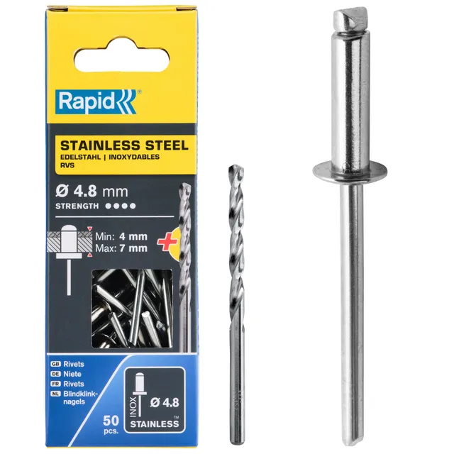 Rapid’os 16 Rivetage Rivets acier inoxydable Ø4,8 x 10 mm, 50 pièces avec foret