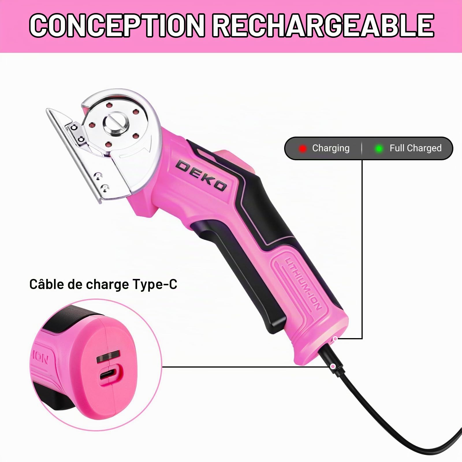 DEKOPRO POWER TOOLS ciseaux électriques rotatifs sans fil rose 3,7 V