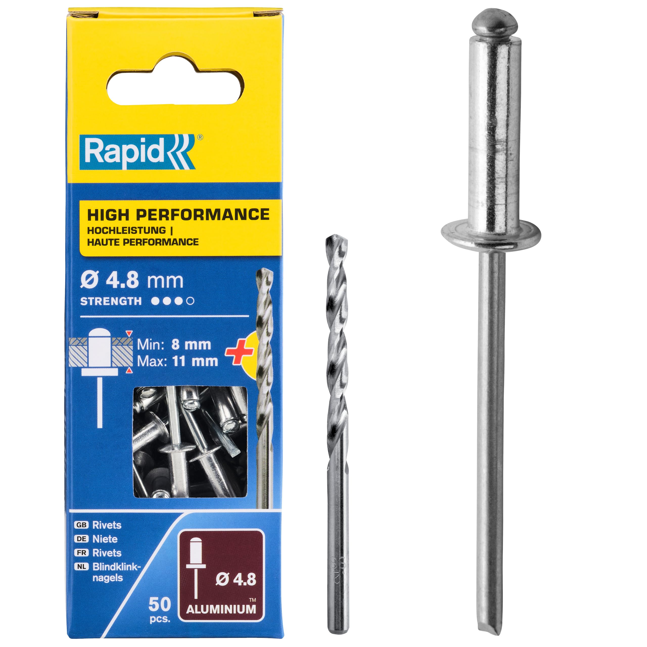 Rapid’os 16 Rivetage Rivets haute performance Ø4 x 18 mm, 50 pièces avec foret