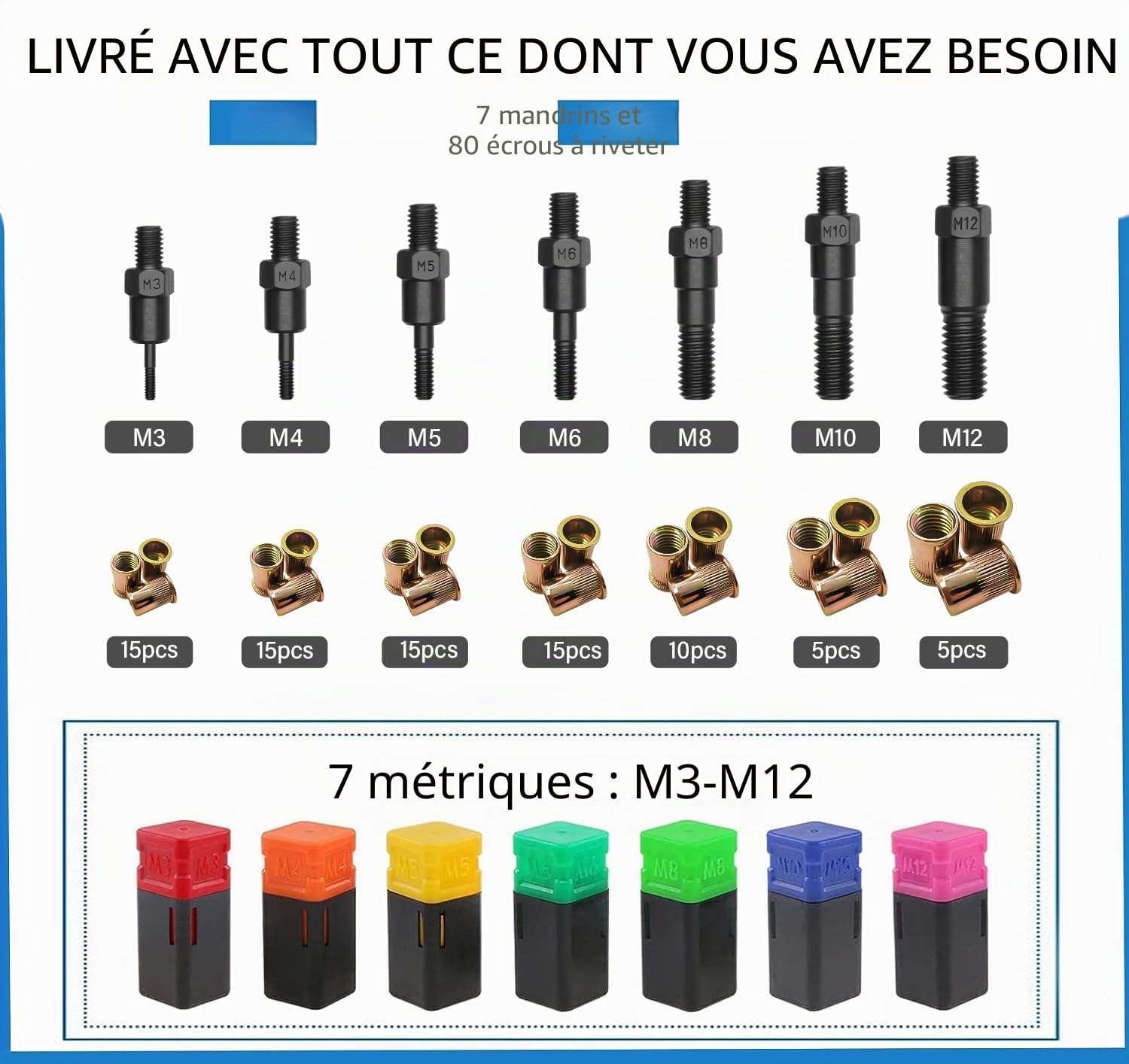AKKTOL Rivet Nut Tools BT607 pince à écrous à sertir bleue, kit 80 pièces