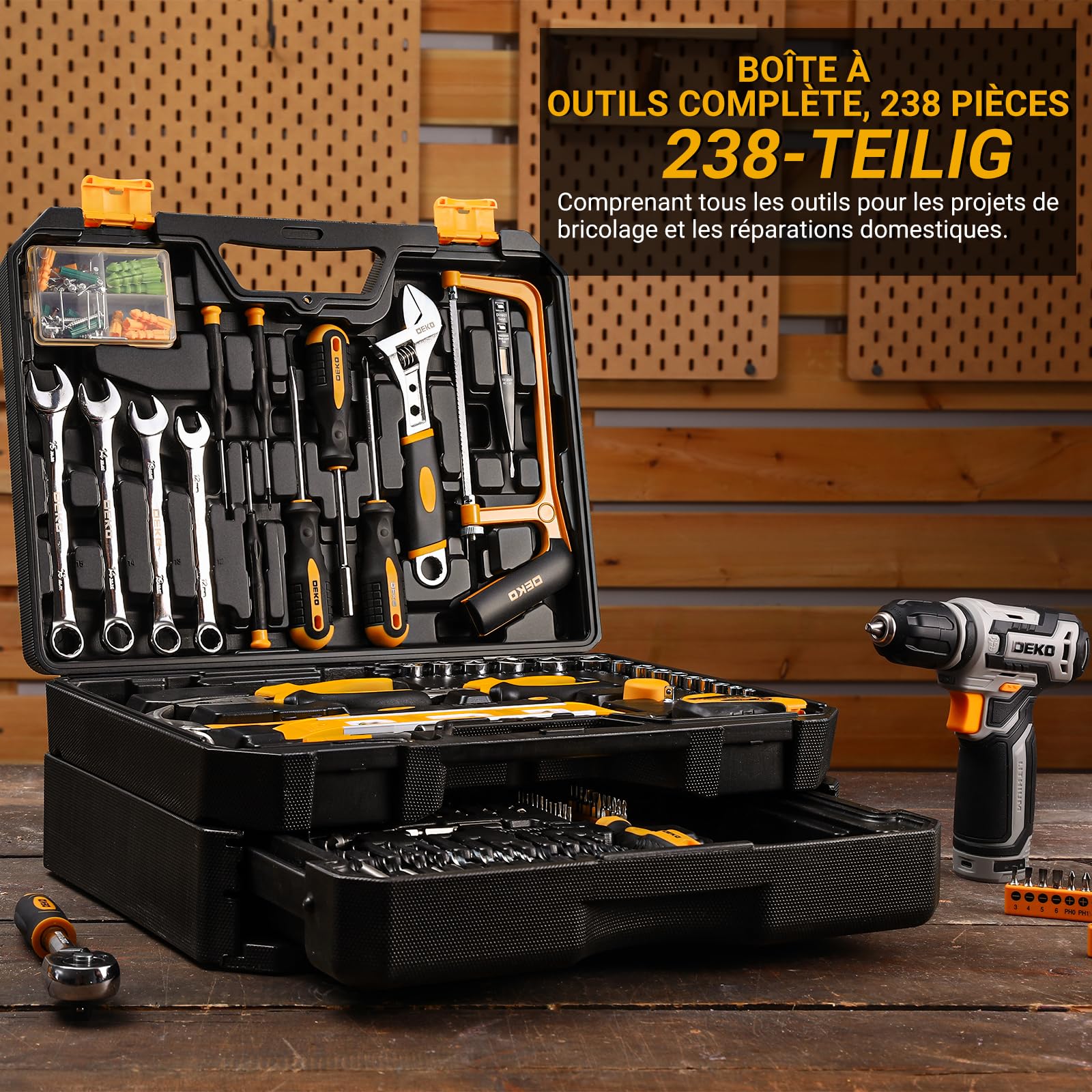 DEKOPRO TOOL KIT Coffret à outils 238 pièces avec perceuse 12 V gris