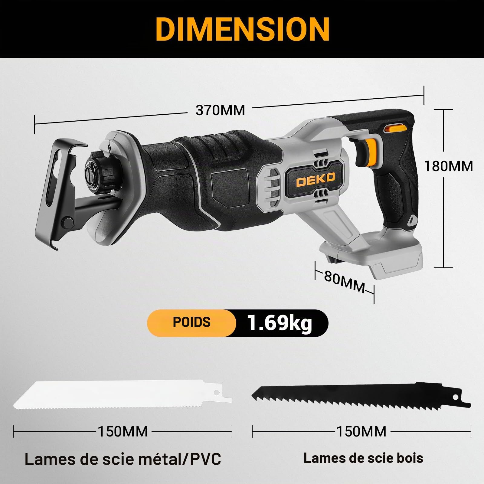 DEKOPRO POWER TOOLS scie sabre sans fil 20 V, 2 batteries 2 Ah, vitesse variable