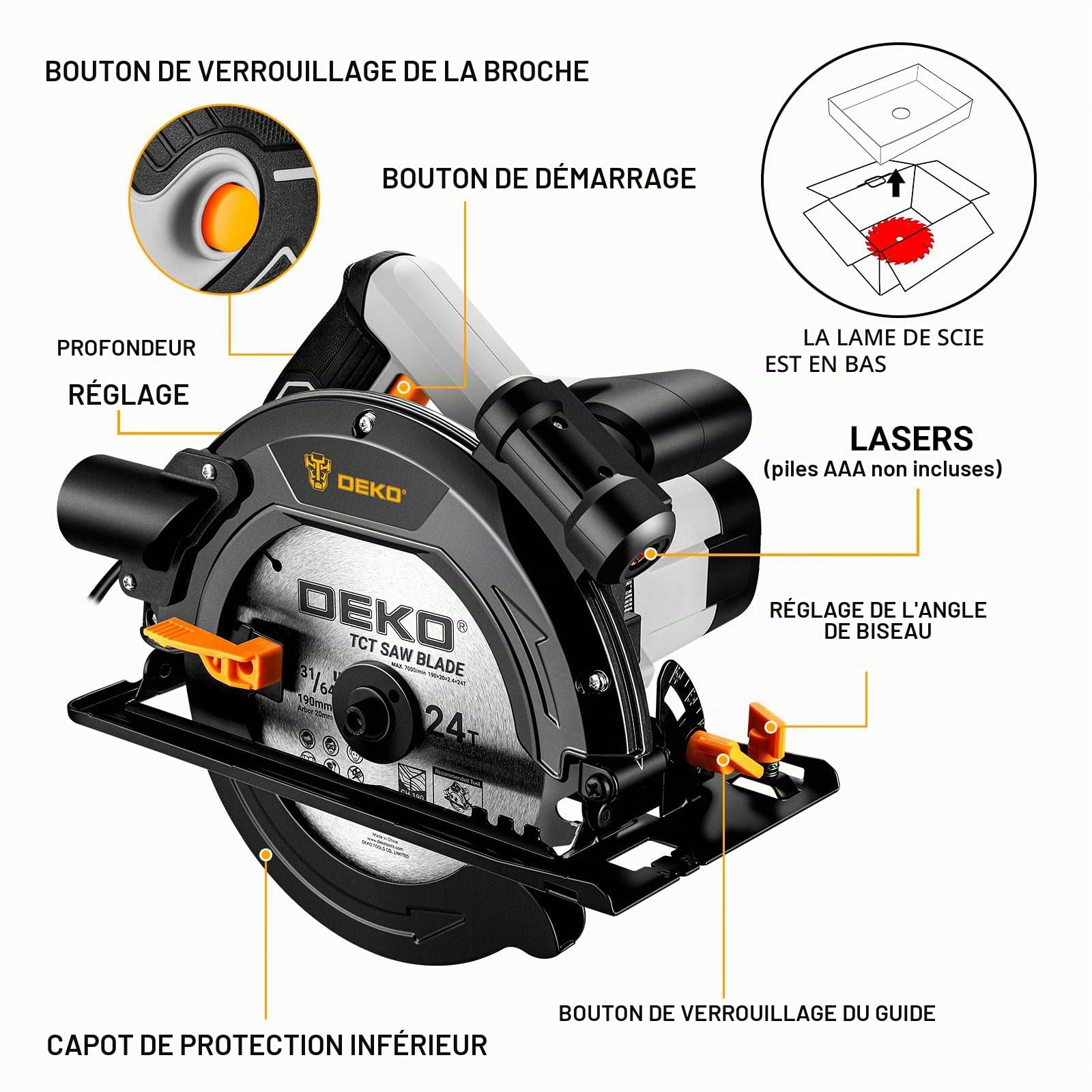 DEKOPRO POWER TOOLS scie circulaire 1400 W 190 mm filaire avec laser
