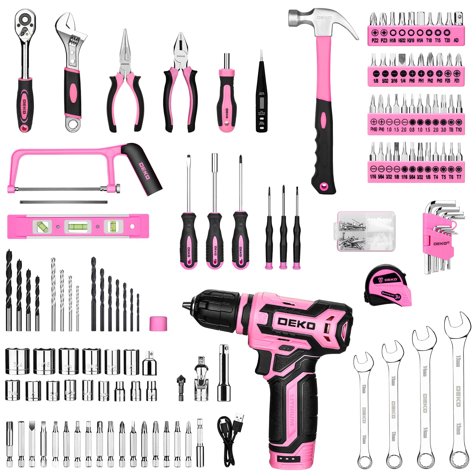 DEKOPRO TOOL KIT caisse à outils 238 pièces avec visseuse 12 V rose