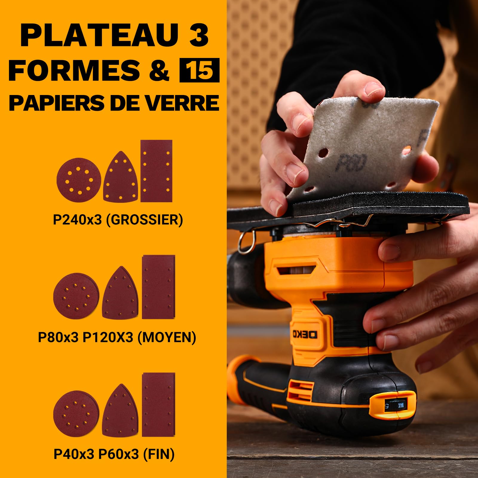 DEKOPRO POWER TOOLS Multifonction 300W ponceuse 3 en 1, 15 abrasifs, 6 vitesses