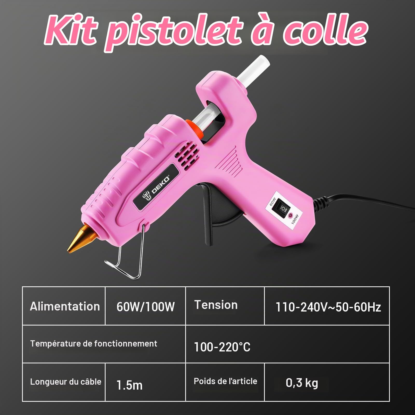 DEKOPRO POWER TOOLS pistolet à colle chaude 60/100 W gris rose, 25 bâtons