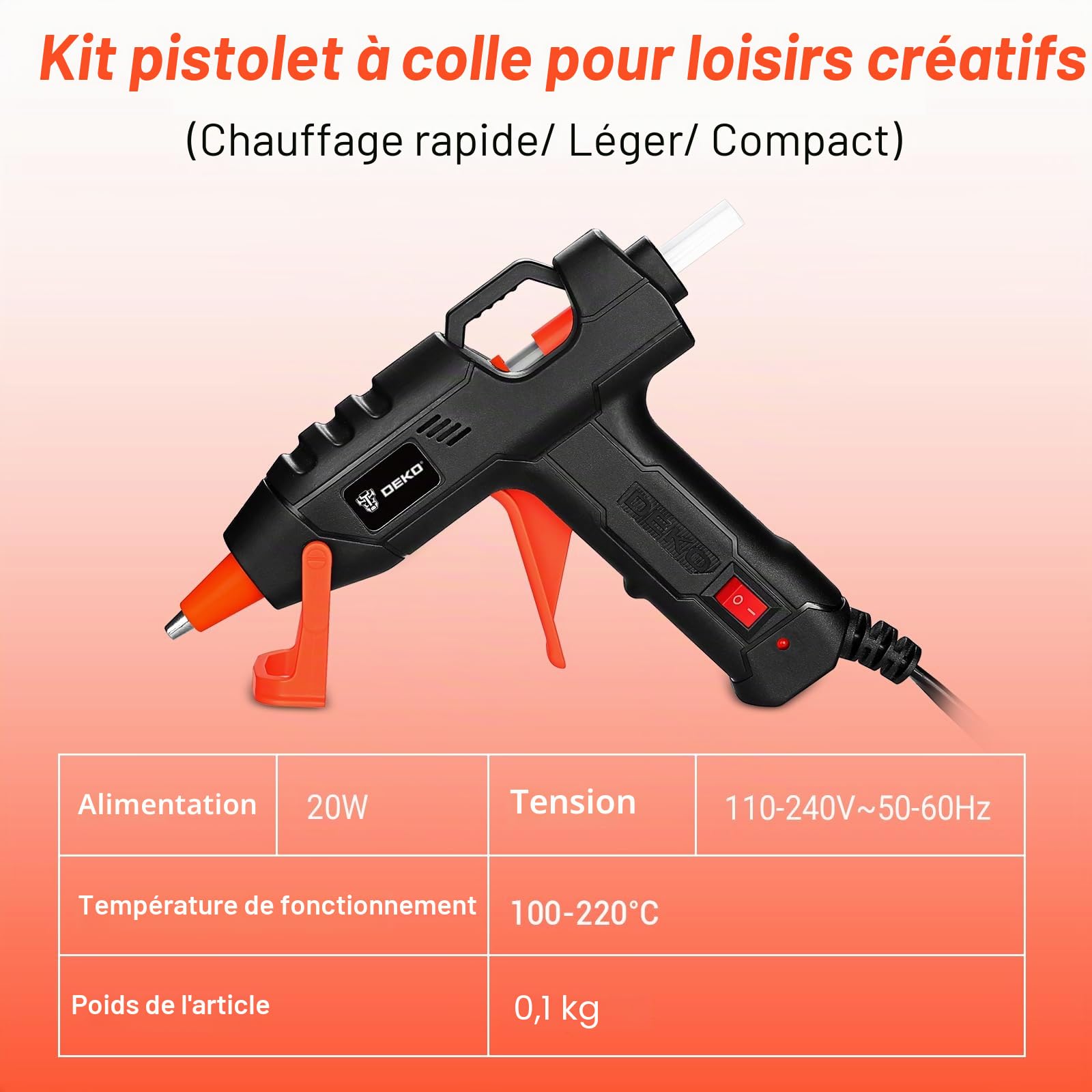DEKOPRO POWER TOOLS Pistolet à colle 20 W blanc, 30 bâtons