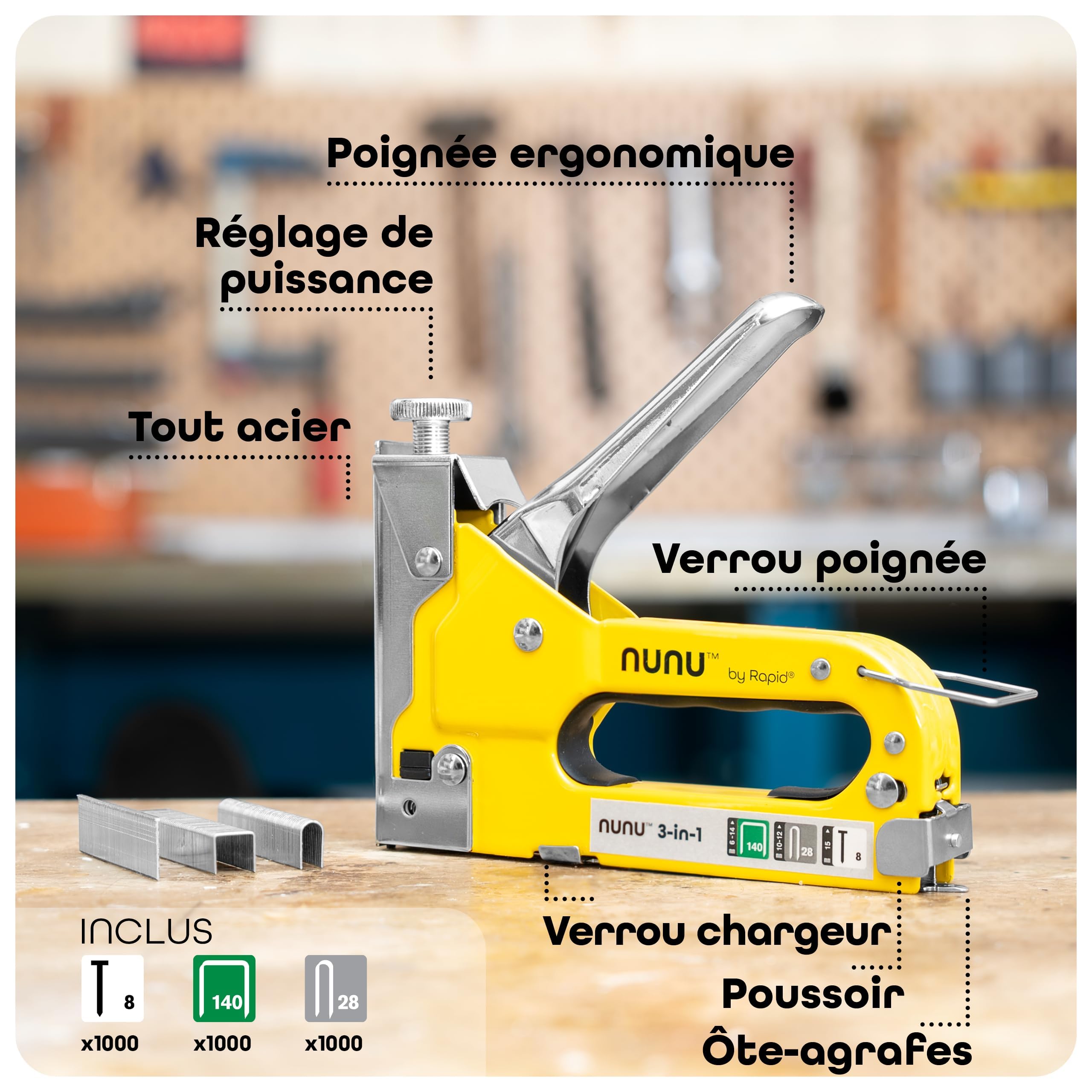 Rapid’os 16 Agrafage NUNU agrafeuse manuelle 3-en-1 avec 3000 agrafes et clous