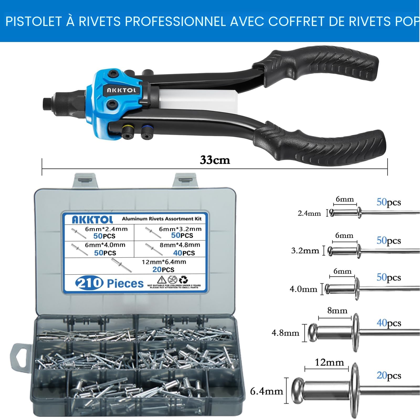 AKKTOL Rivet Guns 811 pince à riveter 33 cm, 210 rivets, 5 tailles