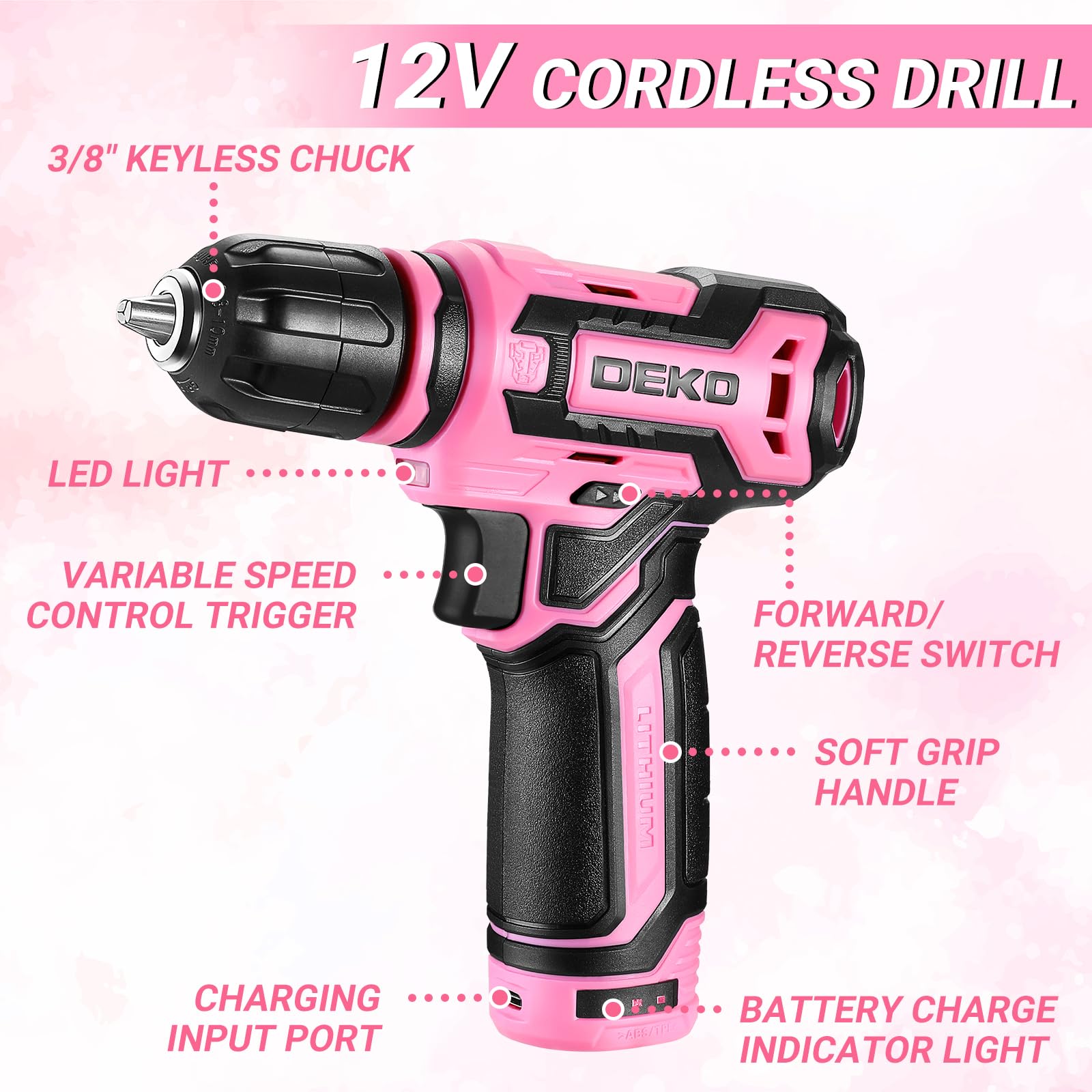 DEKOPRO TOOL KIT kit d’outils 238 pièces rose avec perceuse 12 V
