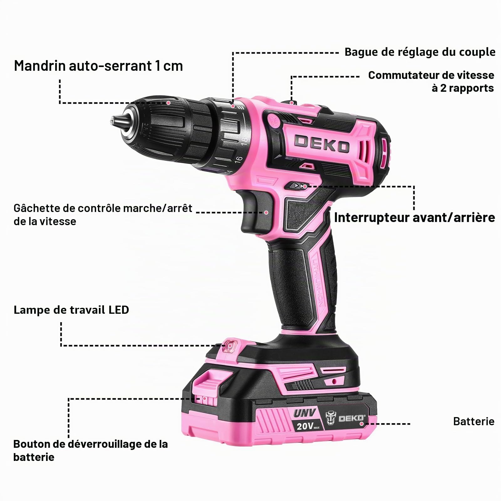DEKOPRO POWER TOOLS perceuse-visseuse 20 V rose 1 batterie