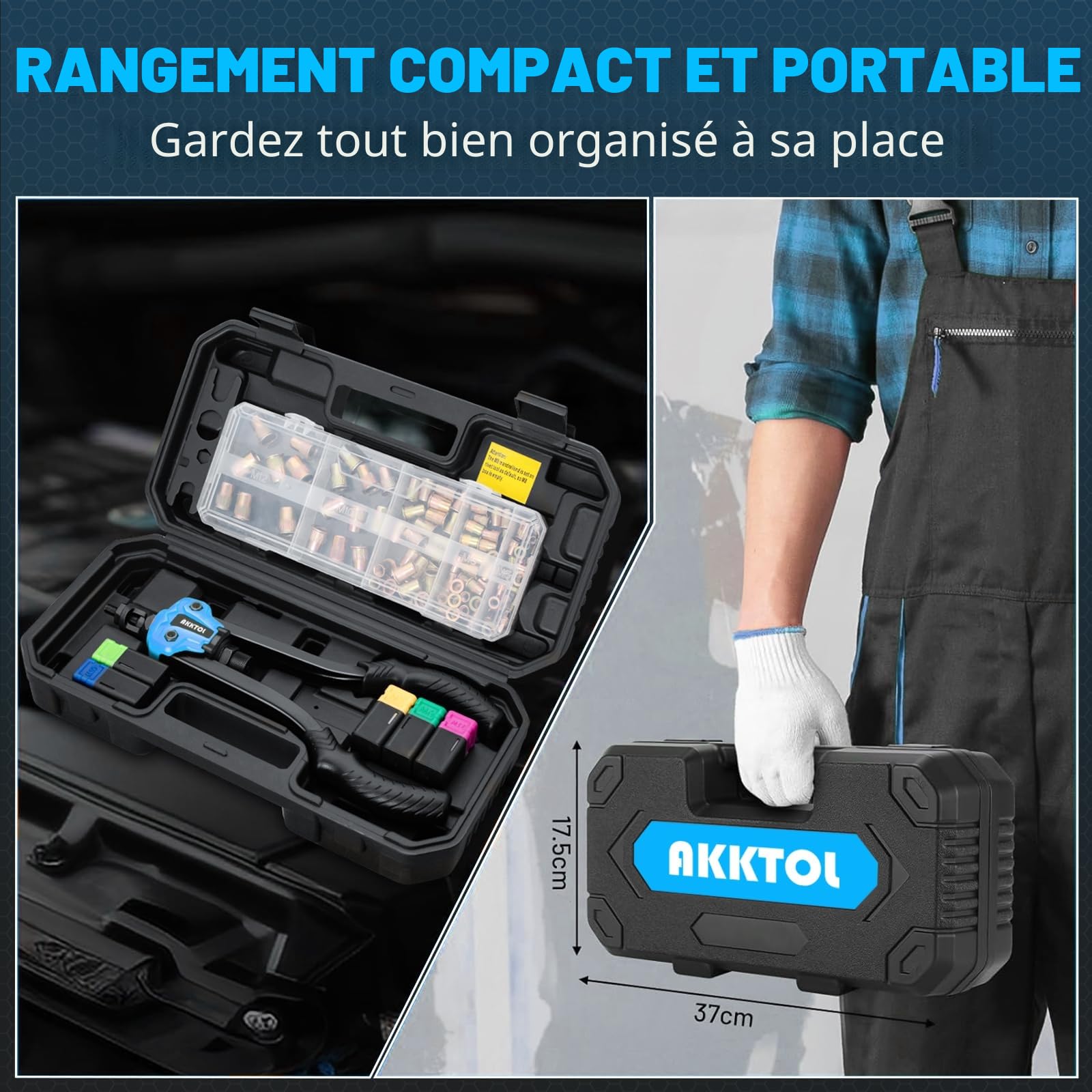 AKKTOL Rivet Nut Tools pince à insert fileté avec coffret, 7 mandrins M3-M12