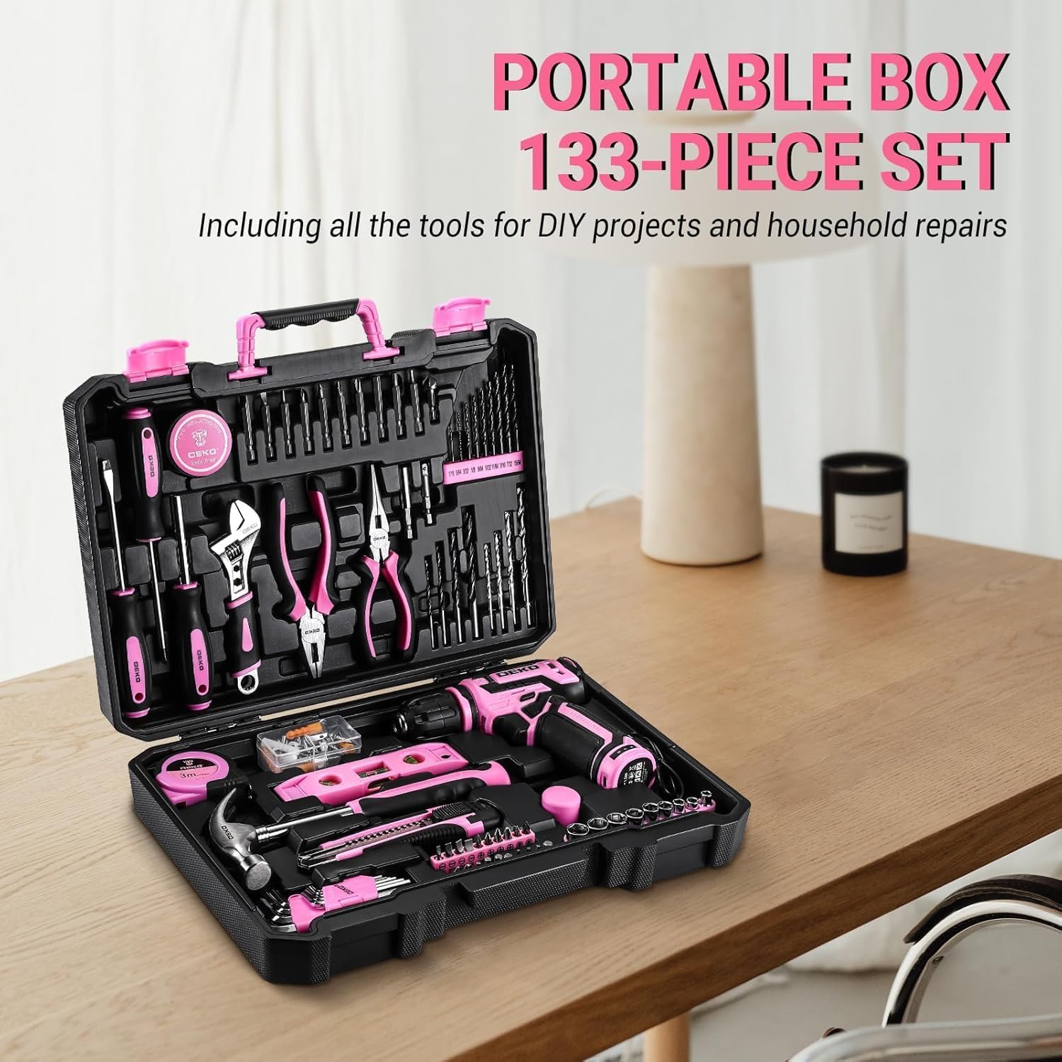 DEKOPRO TOOL KIT kit d’outils avec perceuse 12 V rose, batterie 1,5 Ah