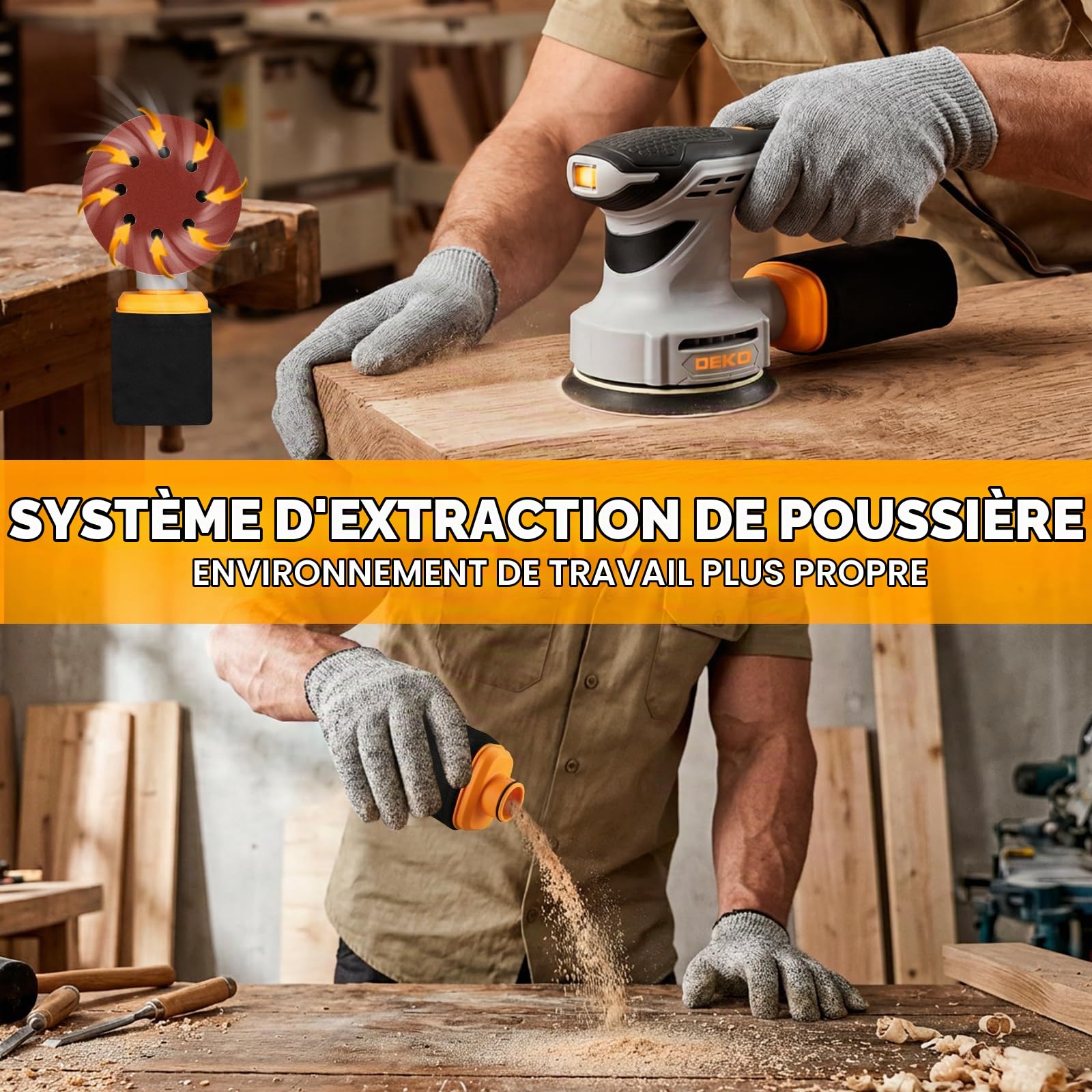 DEKOPRO POWER TOOLS Ponceuse excentrique 300 W 125 mm avec 16 abrasifs