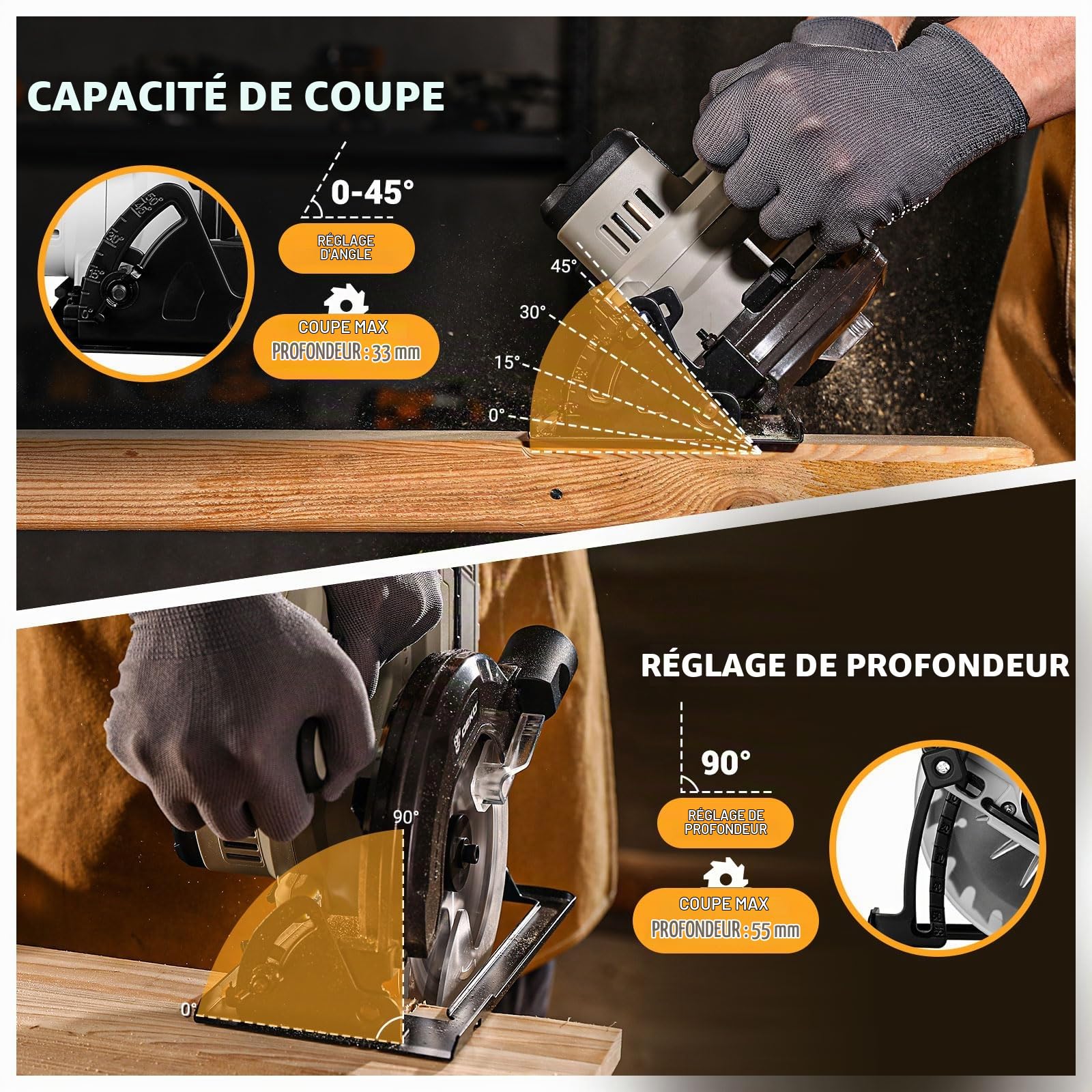 DEKOPRO POWER TOOLS scie circulaire sans fil 2 batteries 4 Ah, coupe 55 mm