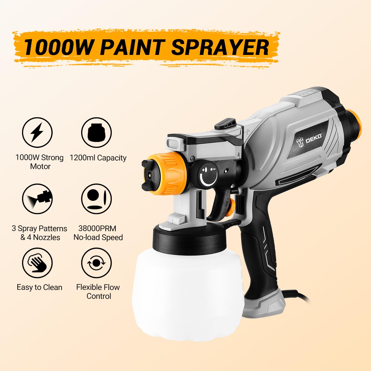 DEKOPRO PAINT SPRAYER pistolet de peinture 1000 W, 1200 ml, gris-jaune