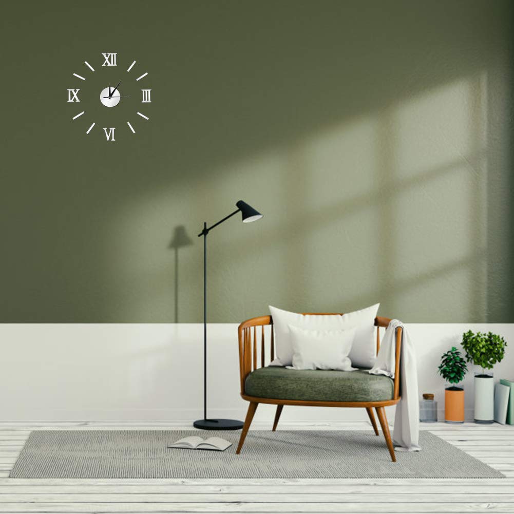 Omabeta Home Décor & Bathroom Décor horloge murale 3D argent à chiffres romains sans cadre