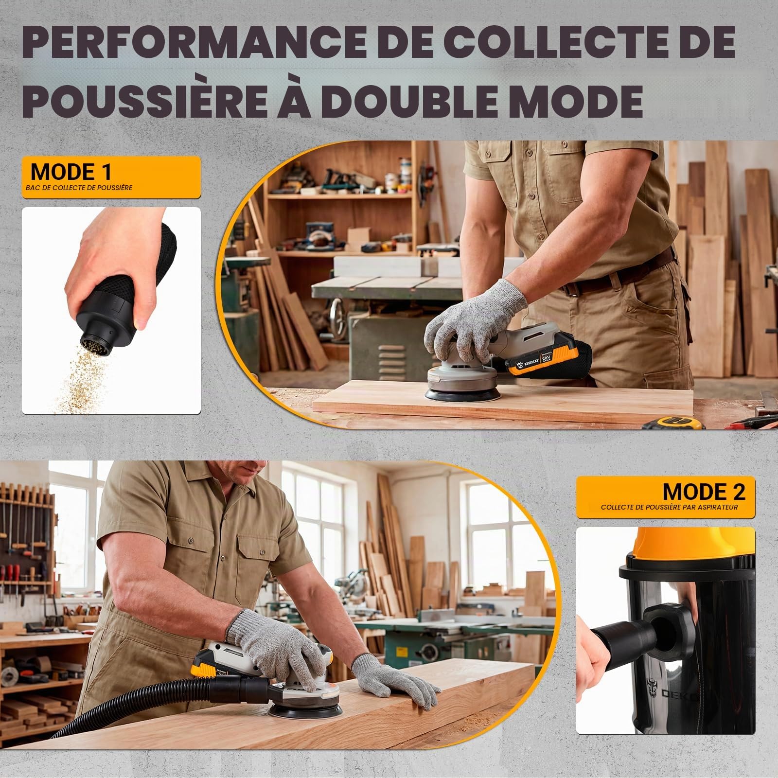 DEKOPRO POWER TOOLS Ponceuse excentrique sans fil 125 mm 2,0 Ah 16 abrasifs