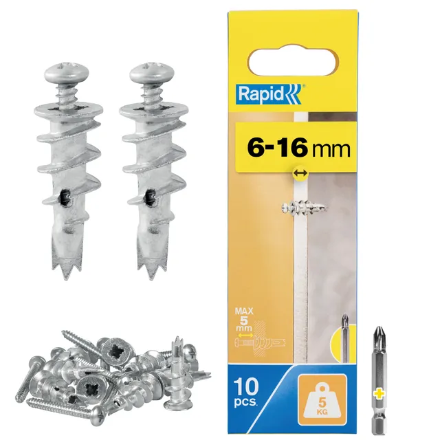 Rapid’os 16 Fixations murs creux chevilles autoforeuses placo 10 pièces 5 kg