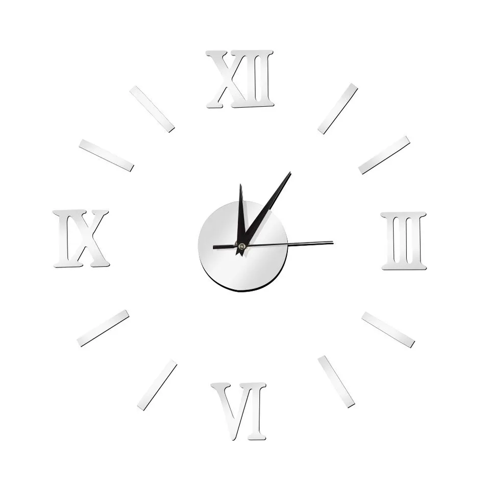 Omabeta Home Décor & Bathroom Décor horloge murale 3D argent à chiffres romains sans cadre