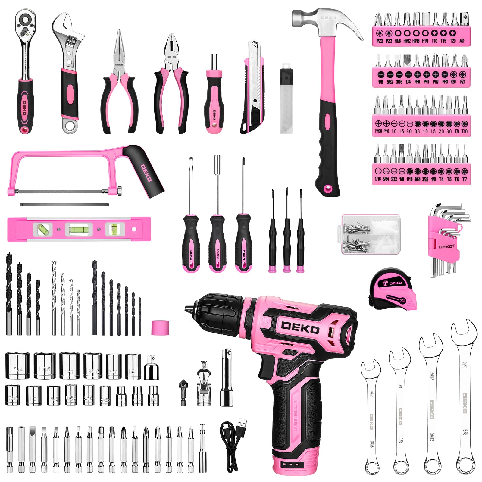 DEKOPRO TOOL KIT kit d’outils 238 pièces rose avec perceuse 12 V