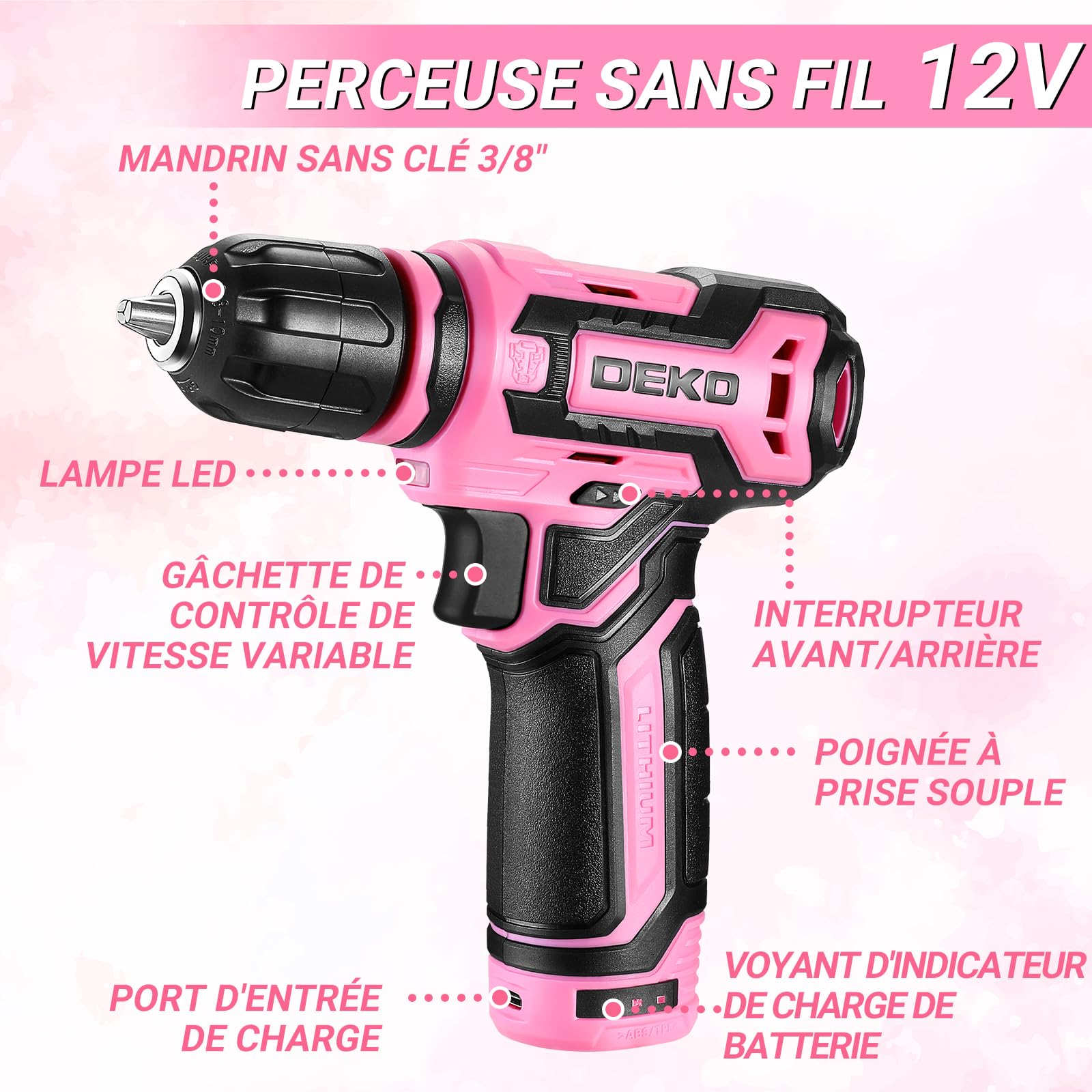 DEKOPRO TOOL KIT caisse à outils 238 pièces avec visseuse 12 V rose