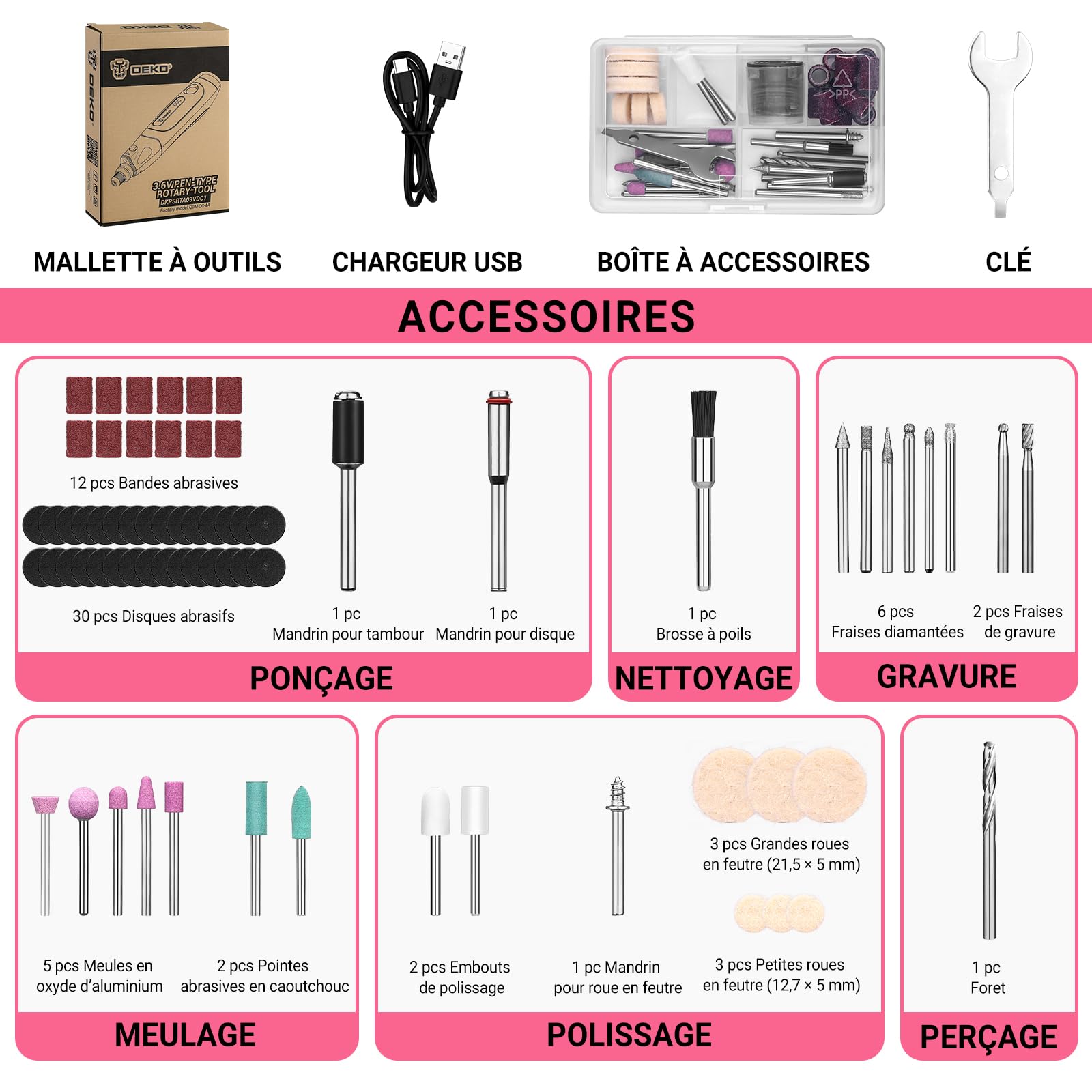 DEKOPRO POWER TOOLS outil rotatif multifonction sans fil rose 70 accessoires