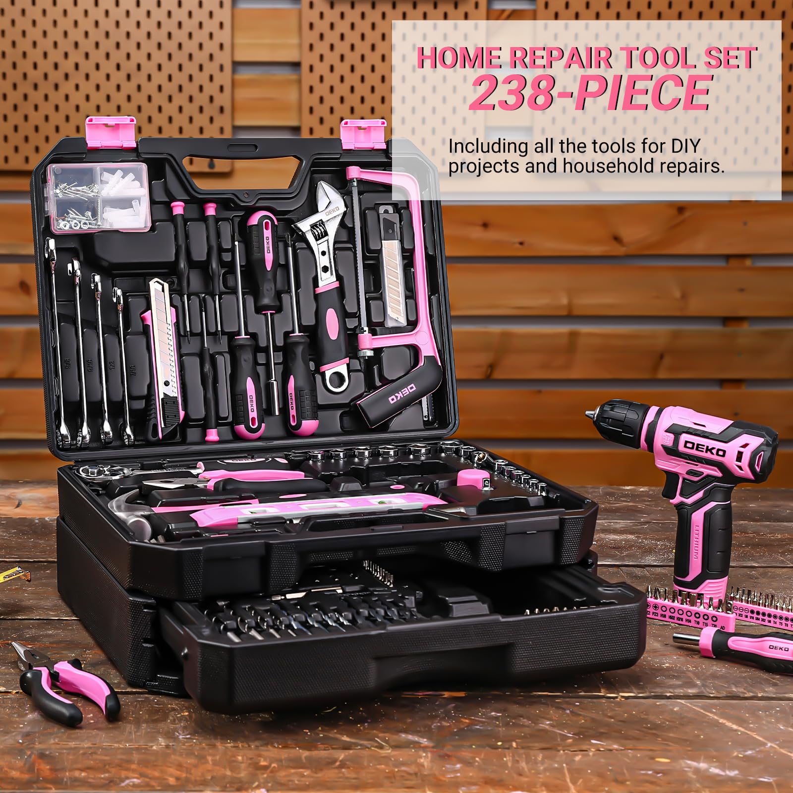 DEKOPRO TOOL KIT kit d’outils 238 pièces rose avec perceuse 12 V