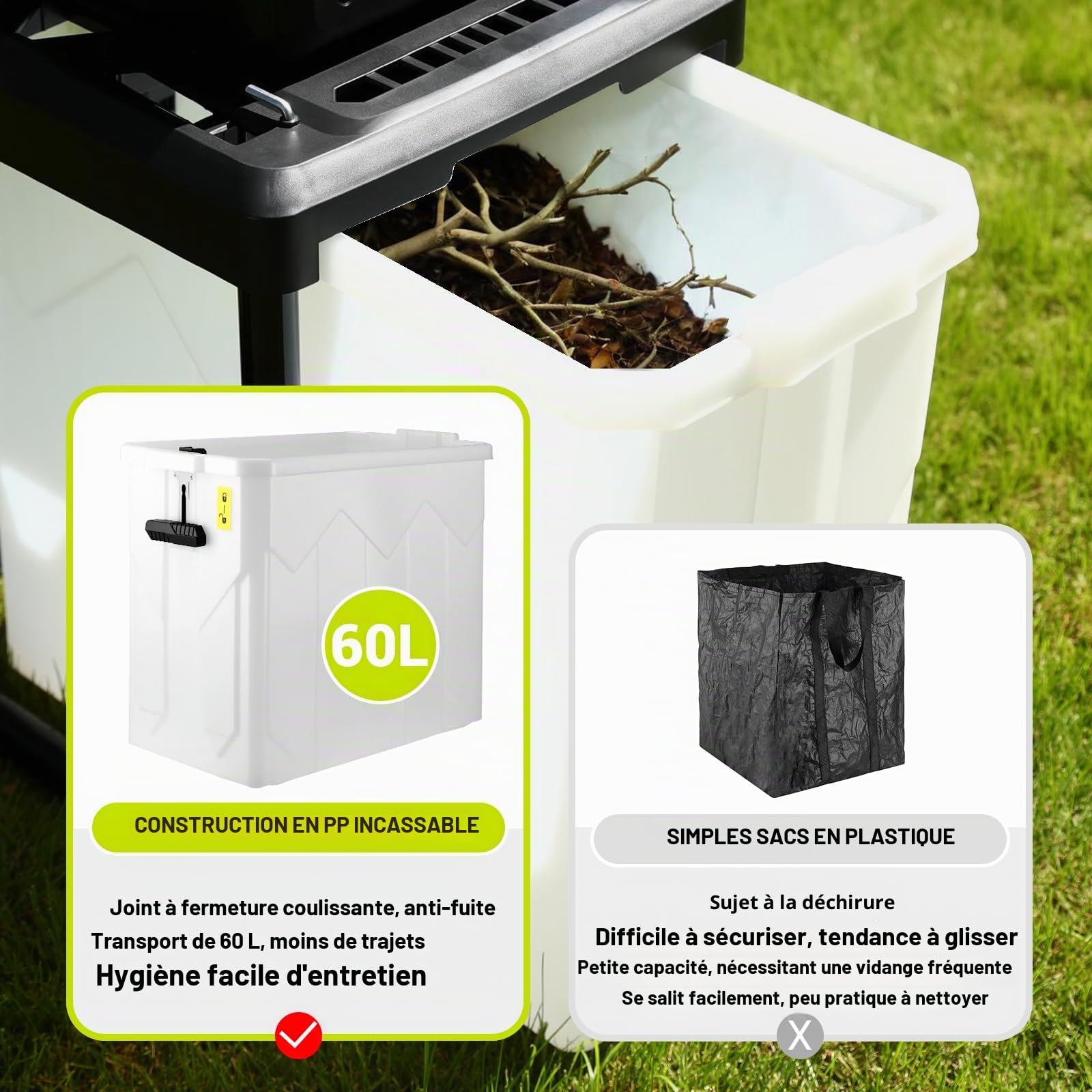 DEKOPRO GARDEN TOOLS broyeur de végétaux électrique 2800 W 45 mm bac 60 L à lames