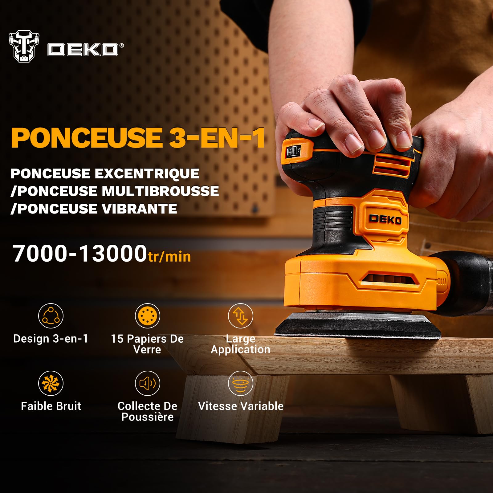 DEKOPRO POWER TOOLS Multifonction 300W ponceuse 3 en 1, 15 abrasifs, 6 vitesses