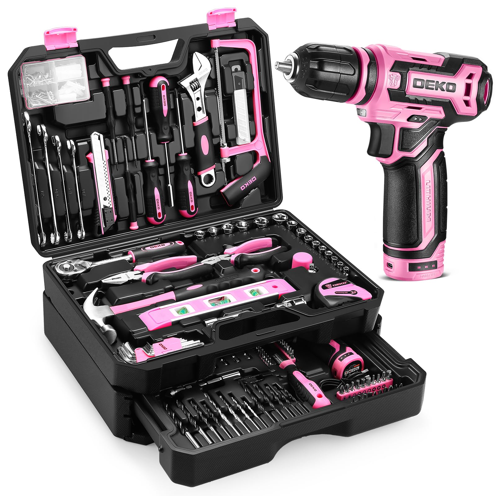DEKOPRO TOOL KIT kit d’outils 238 pièces rose avec perceuse 12 V