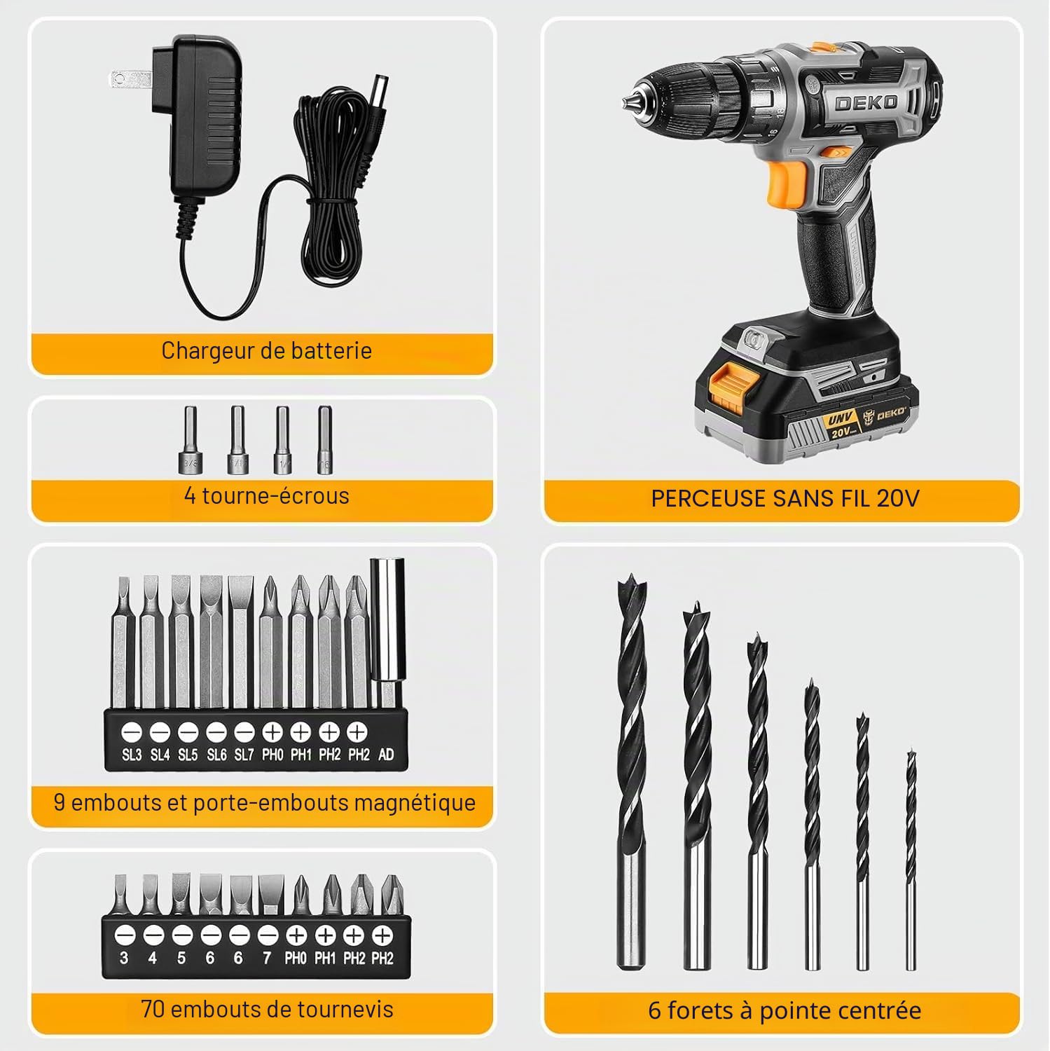 DEKOPRO POWER TOOLS Perceuse visseuse sans fil 20 V grise 1,5 Ah