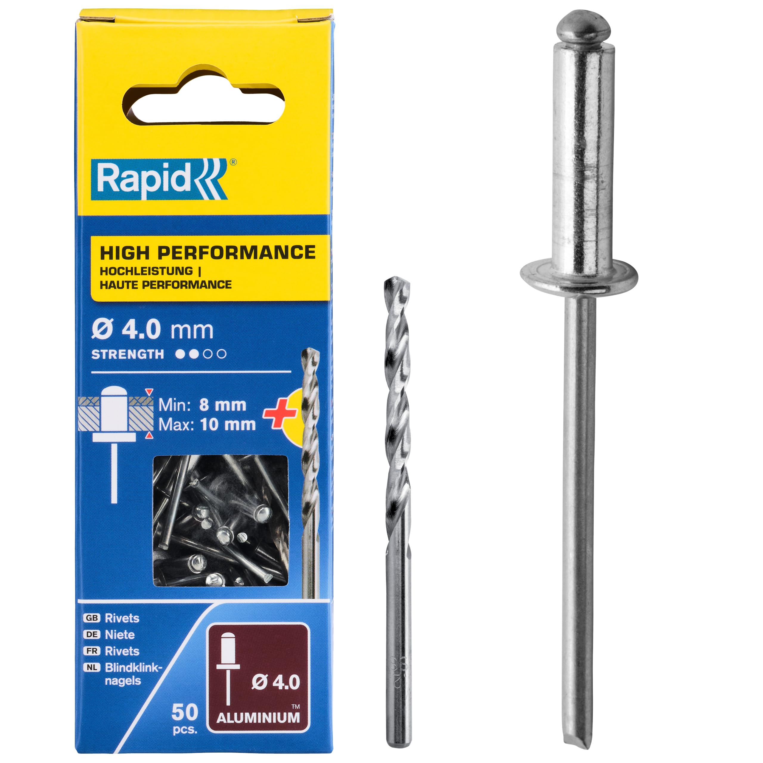 Rapid’os 16 Rivetage Rivets haute performance Ø4 x 18 mm, 50 pièces avec foret