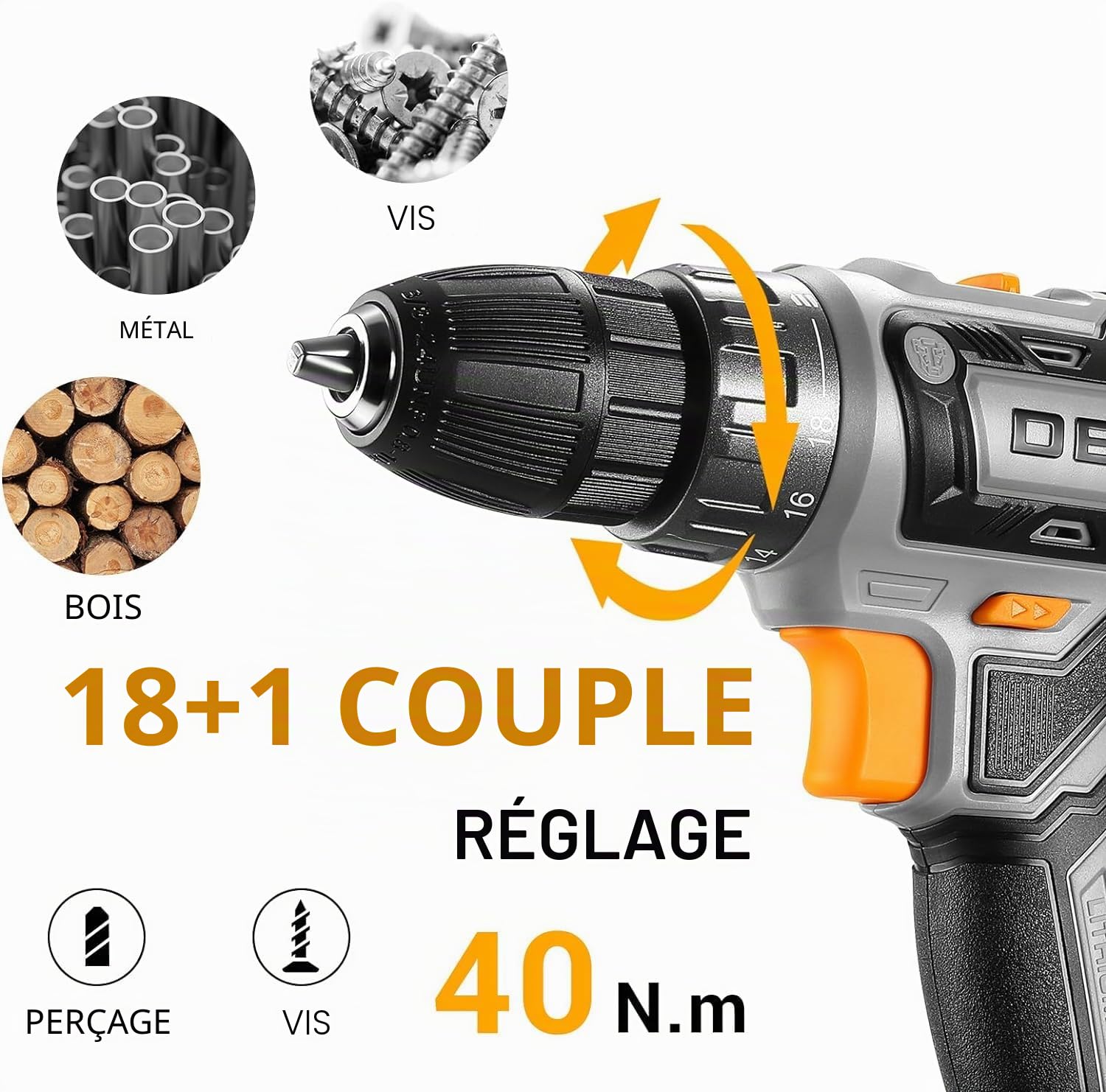 DEKOPRO POWER TOOLS Perceuse visseuse sans fil 20 V grise 1,5 Ah