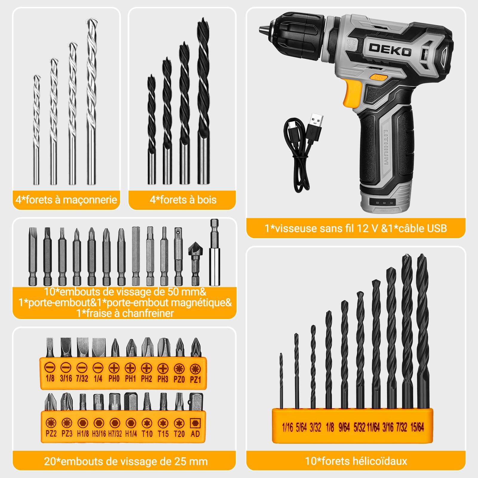 DEKOPRO TOOL KIT boîte à outils 133 pièces grise avec perceuse-visseuse 12 V