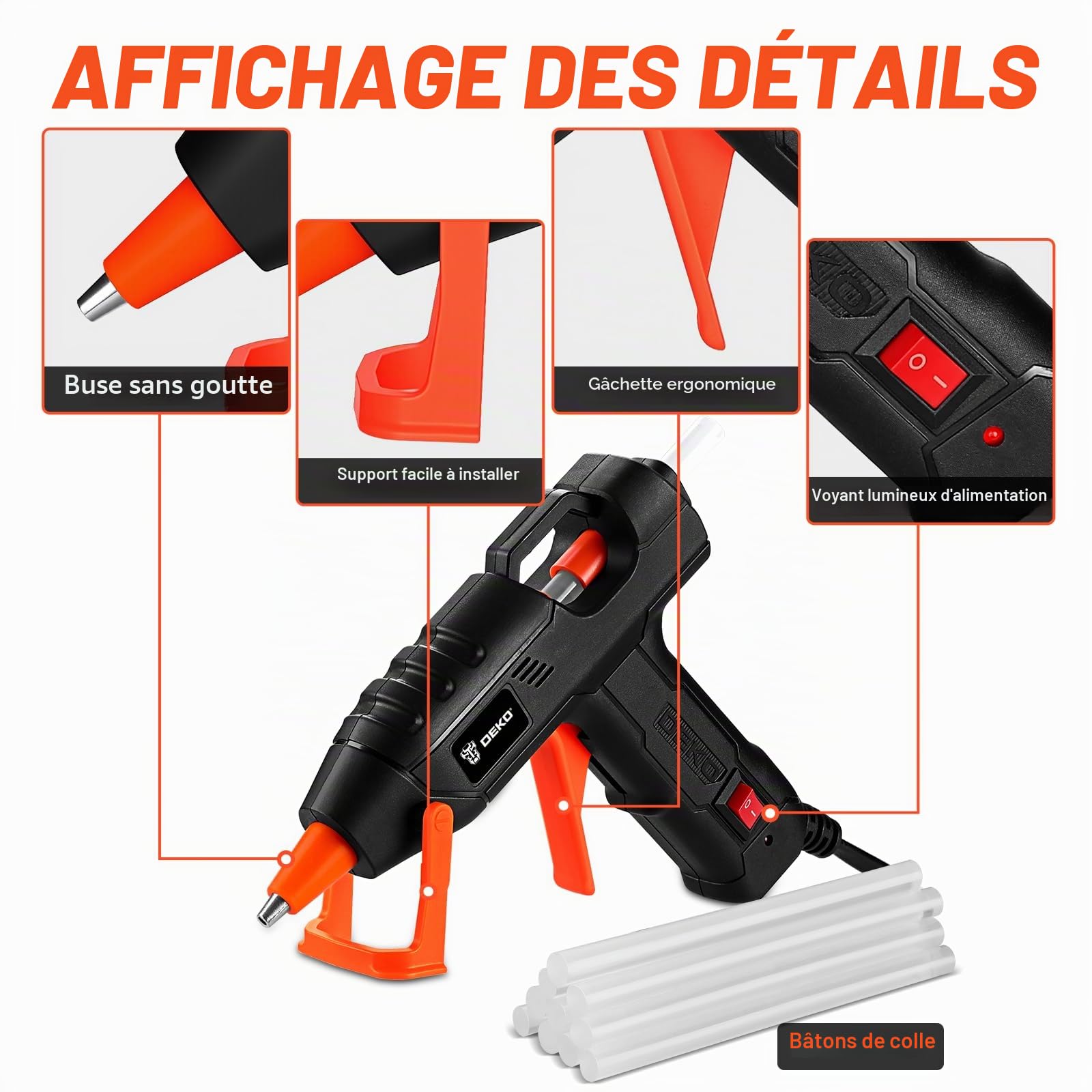 DEKOPRO POWER TOOLS Pistolet à colle 20 W blanc, 30 bâtons
