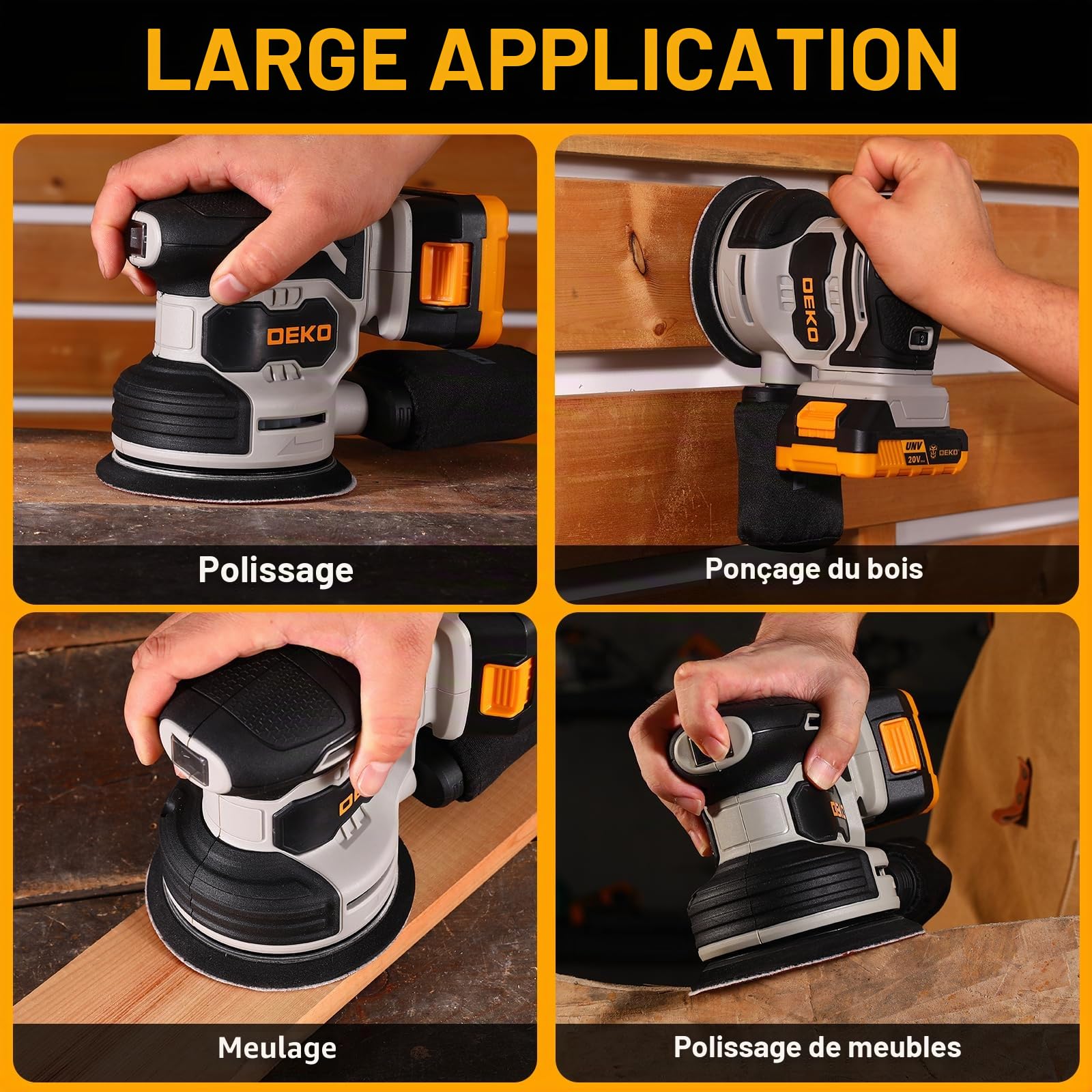 DEKOPRO POWER TOOLS ponceuse excentrique sans fil 20 V, 125 mm, 15 abrasifs