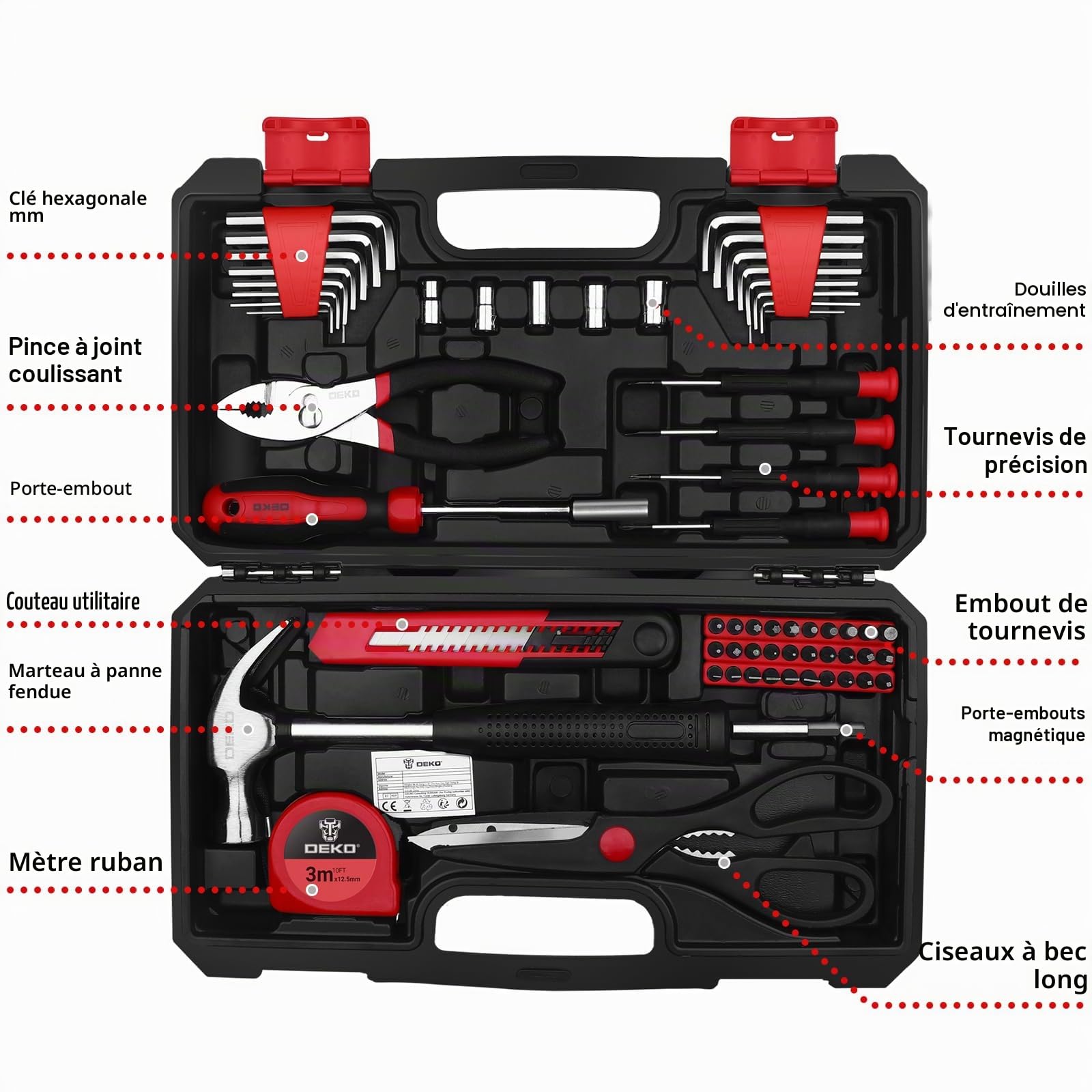 DEKOPRO TOOL KIT TZ62 coffret à outils 62 pièces rouge