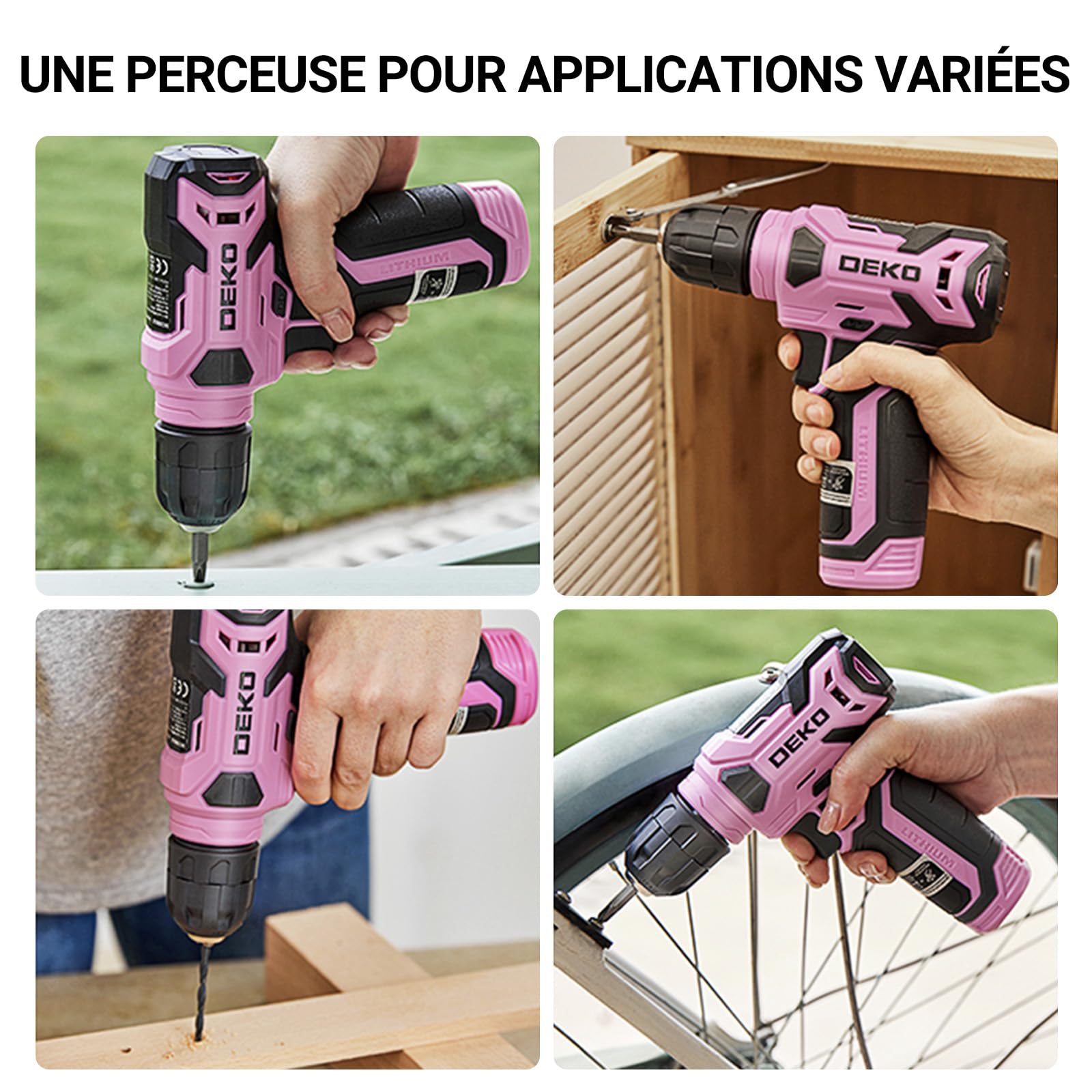 DEKOPRO TOOL KIT perceuse-visseuse sans fil 8 V, 126 pièces, rose