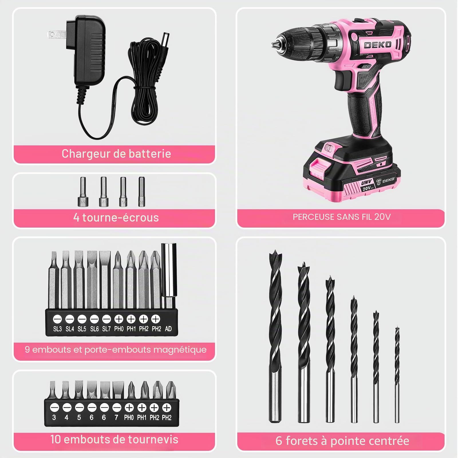 DEKOPRO POWER TOOLS perceuse-visseuse 20 V rose 1 batterie