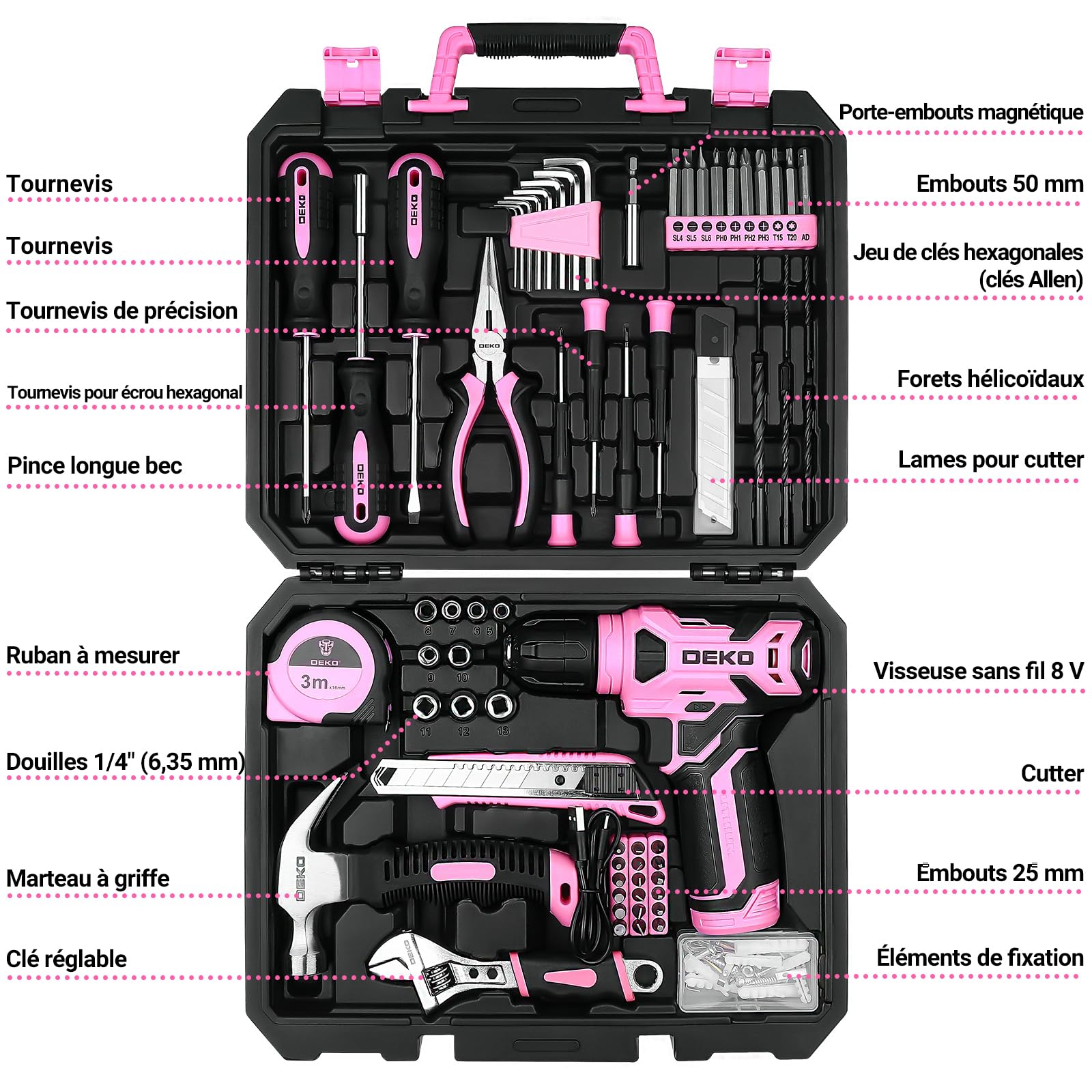 DEKOPRO TOOL KIT perceuse-visseuse sans fil 8 V, 126 pièces, rose