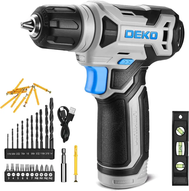 DEKOPRO POWER TOOLS Perceuse-visseuse sans fil 8 V bleue, 42 accessoires