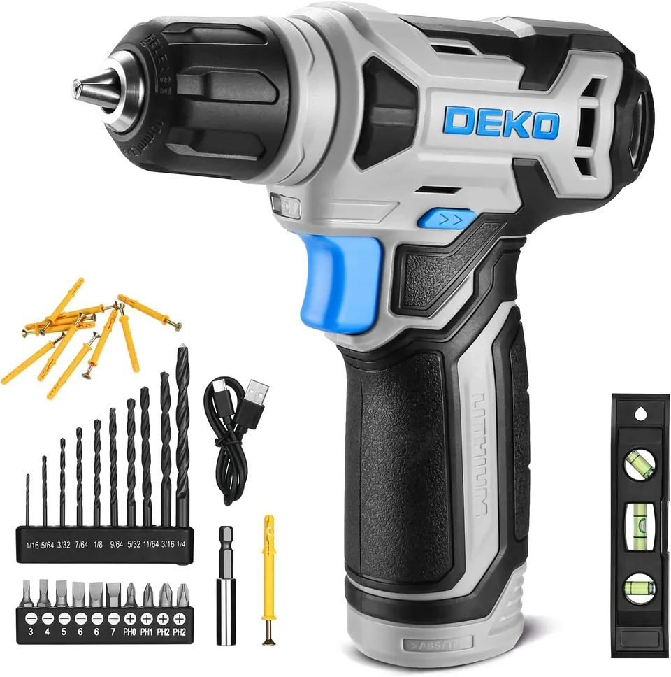 DEKOPRO POWER TOOLS Perceuse-visseuse sans fil 8 V bleue, 42 accessoires
