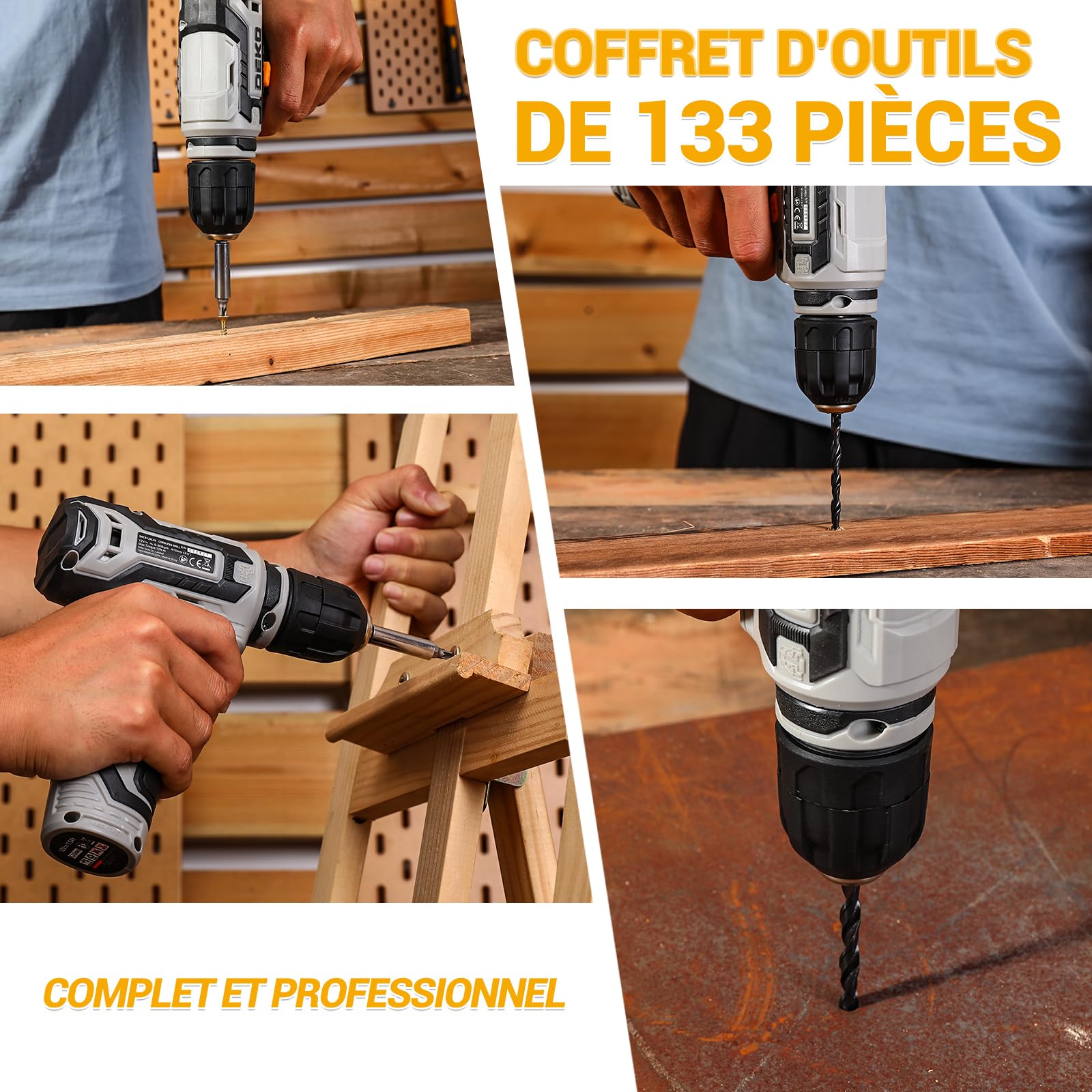 DEKOPRO TOOL KIT boîte à outils 133 pièces grise avec perceuse-visseuse 12 V