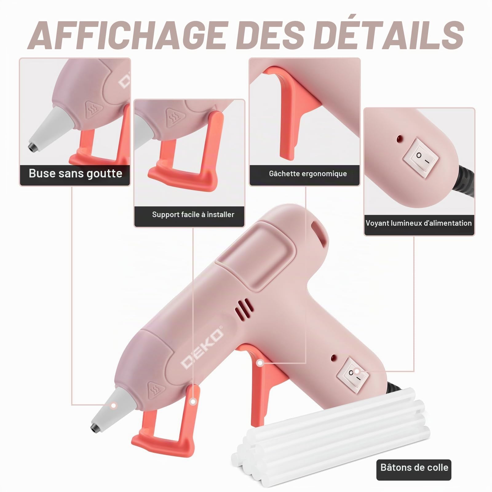 DEKOPRO POWER TOOLS pistolet à colle 20 W rose 60 bâtons réglable