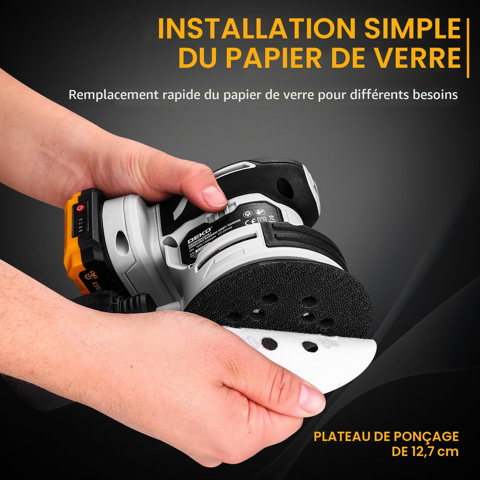 DEKOPRO POWER TOOLS ponceuse excentrique sans fil 20 V, 125 mm, 15 abrasifs