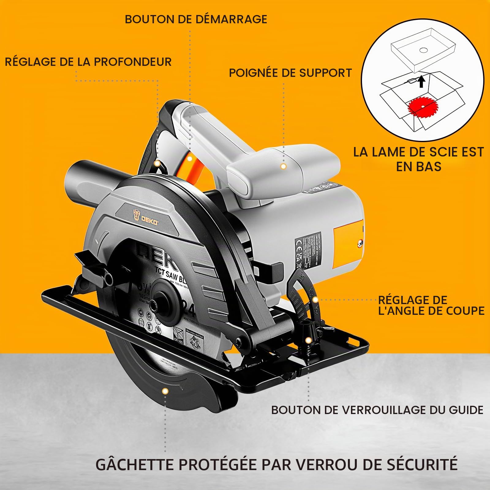 DEKOPRO POWER TOOLS scie circulaire 1200 W avec rail de guidage