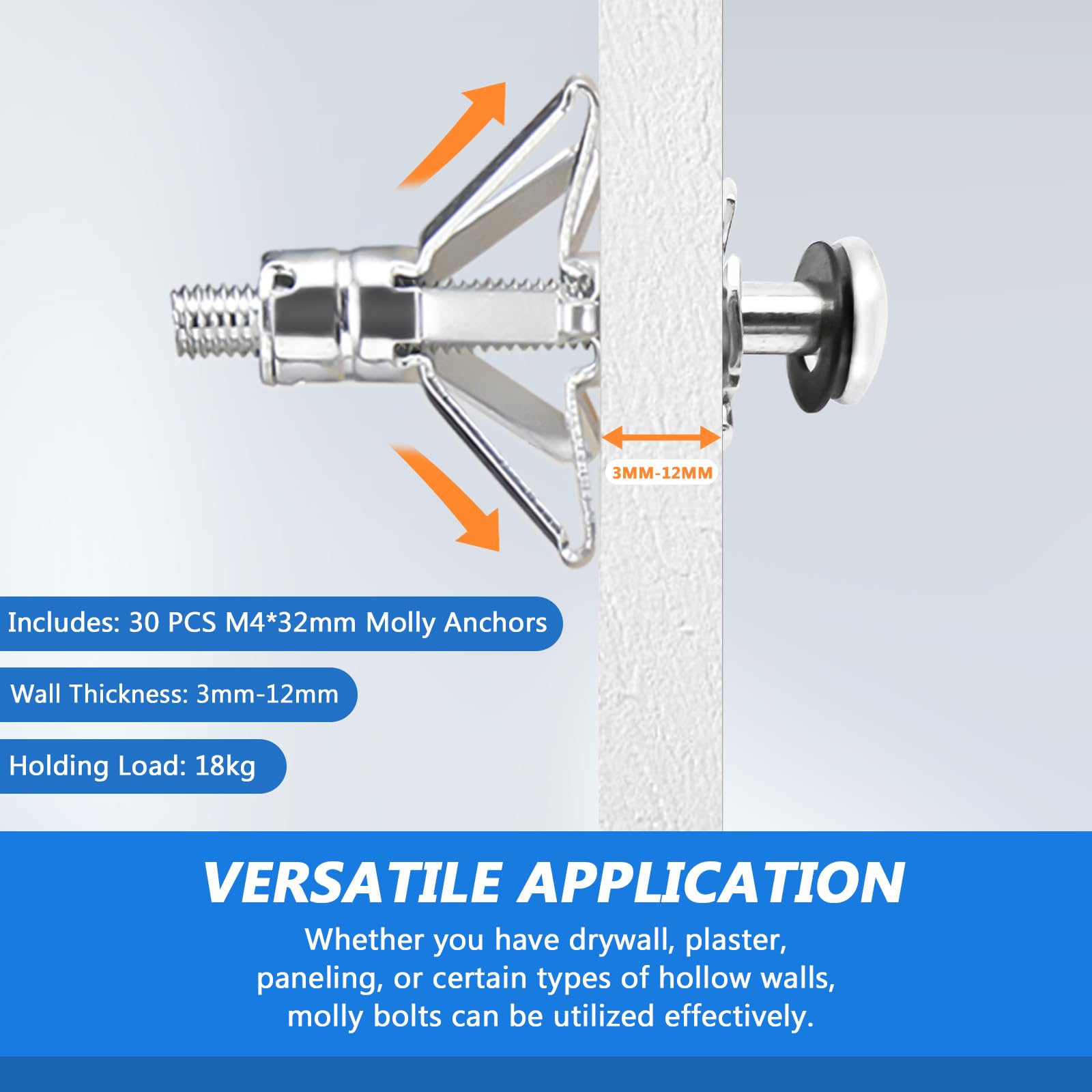 AKKTOL Molly Bolts & Hollow Wall Anchors M4 x 32 mm cheville métallique 30 pièces galvanisée