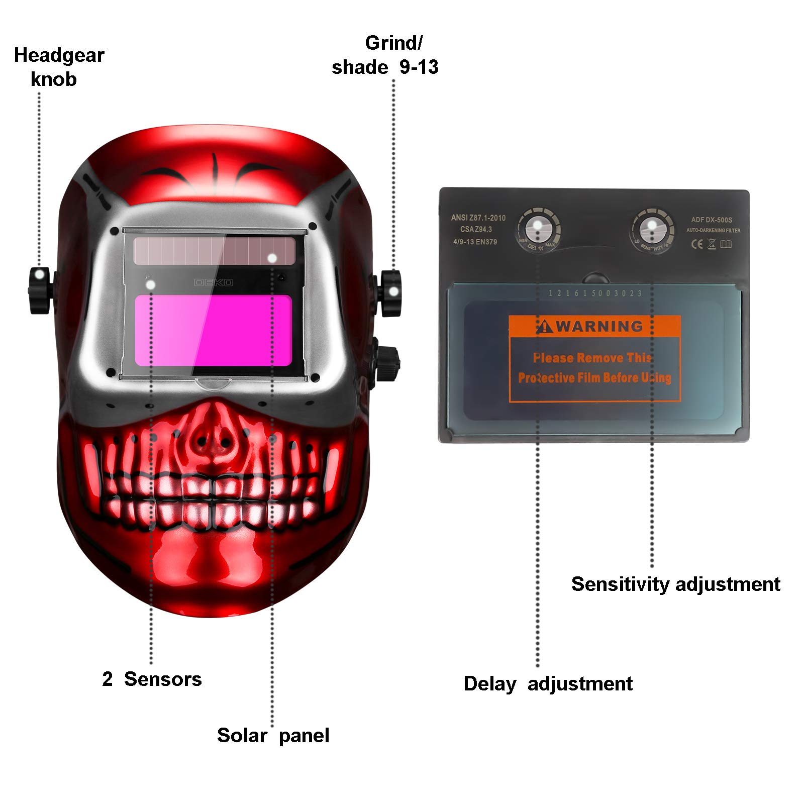DEKOPRO WELDING HELMET masque de soudure automatique Mode Crâne rouge solaire